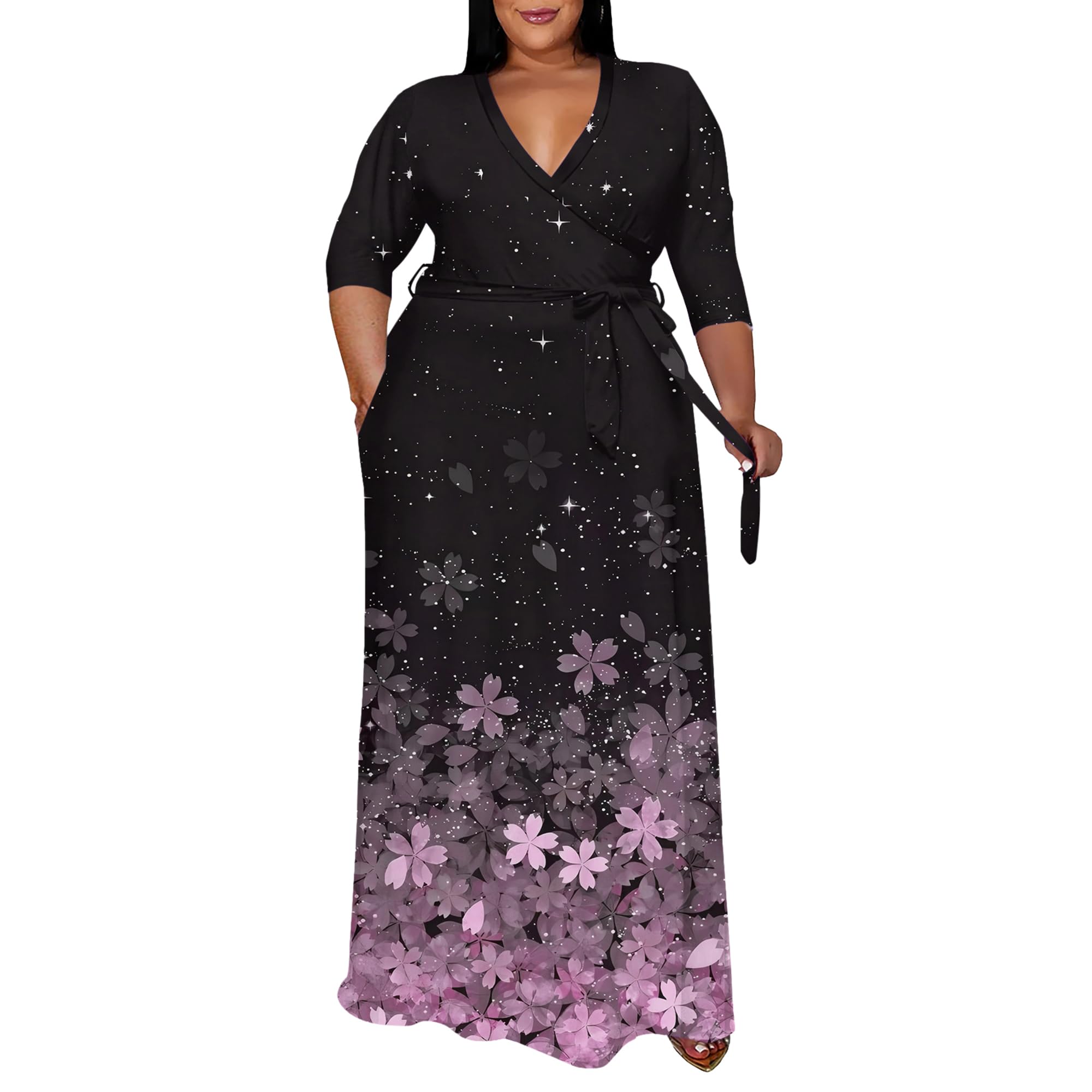 Plus Size Maxi Dresses for Curvy Women, 3/4 Sleeve V Neck Long Printed Dress with Belt Casual Dress with Pockets