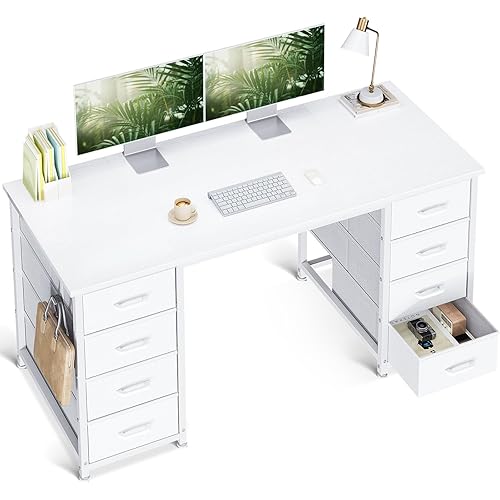 ODK 48 Inch White Computer Desk with 8 Fabric Drawers, Modern Office Desk with Large Storage for Home Office, Study, Gaming, White