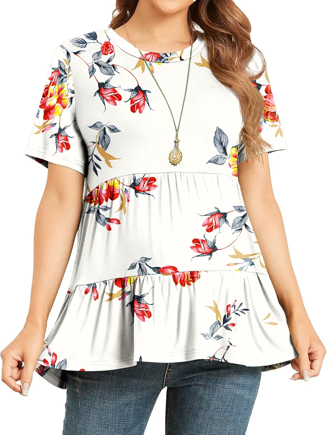 Xpenyo Women Tiered Maternity Top Fashion Short Sleeve Casual Pregnancy Blouse Shirts Rose Flowers White M - Image 3