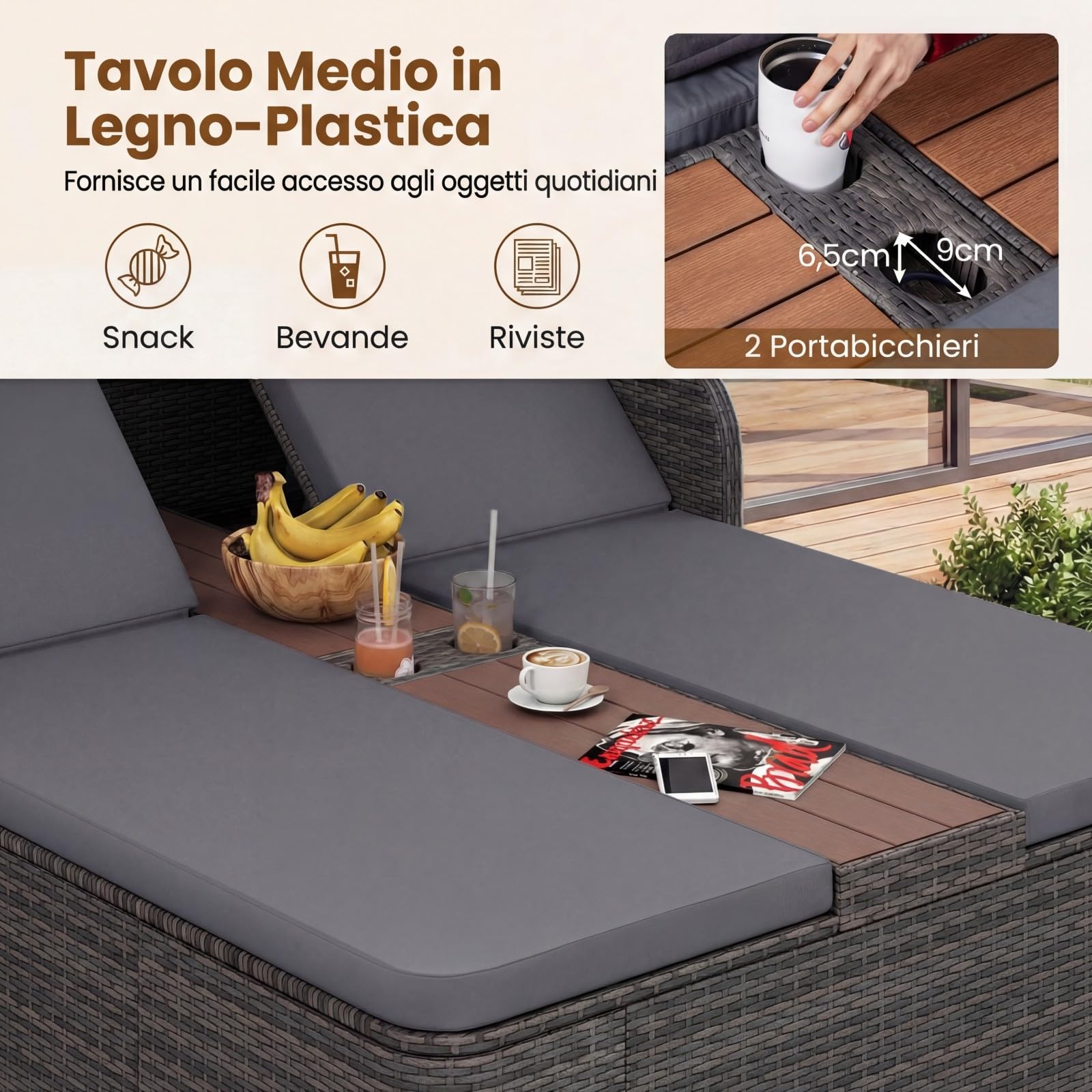 COSTWAY Letto Prendisole Matrimoniale per 2 Persone, Lettino da Giardino in Rattan con Tetto Retrattile e Schienali Regolabili, Isola Prendisole con Tavolino e Portabicchieri per Relax (Grigio)