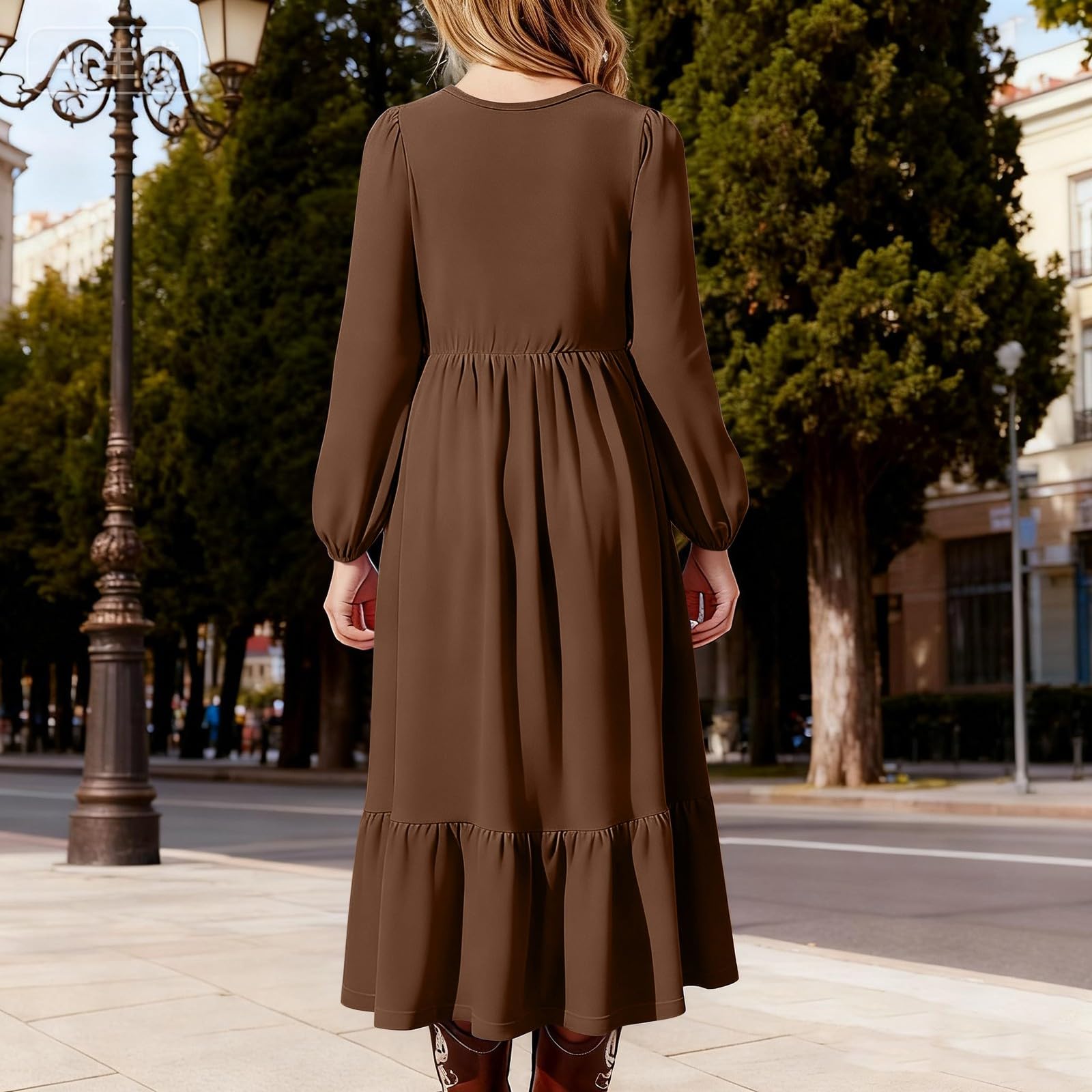Vestido de manga larga para niñas, casual, para vacaciones, con bolsillos, cuello redondo, suave, cómodo, para playa, bohemio