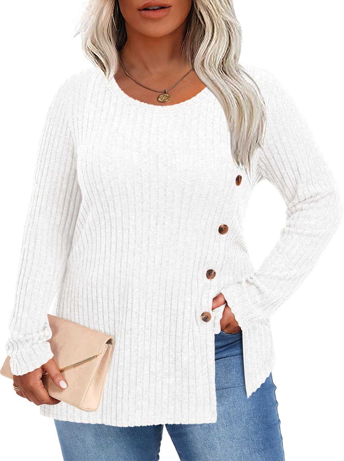 HOTGIFT Women Plus Size Top Knit Long Sleeve Sweater Button Tunic XL-5XL
