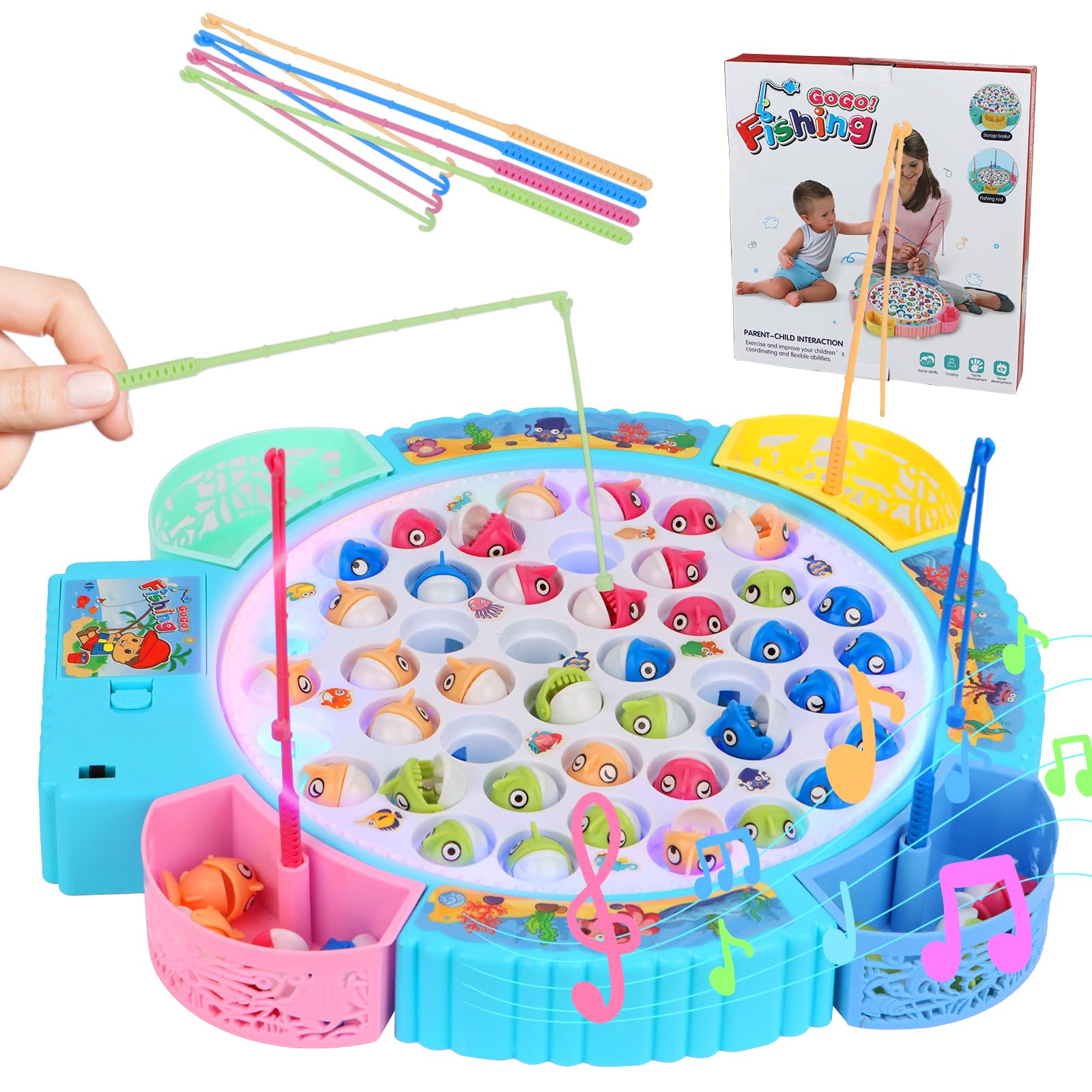 Magnetic Fishing Games Set - Educational Toddler & Kids Fishing Toys | 45 Fish, 8 Poles, Rotating Board with Music & LED | Ideal Go Fish Toy for Fun!