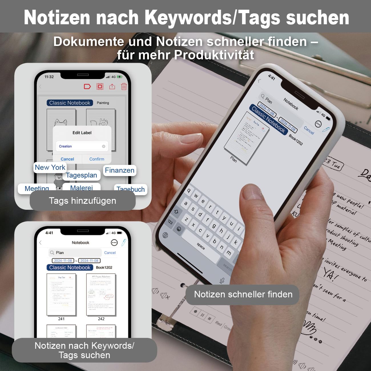 Ophaya 3-in-1 Smart Pen Set – Notizstift mit Notizbuch & LCD Schreibtafel, OCR Handschrift-zu-Text, Audioaufnahme, Bluetooth 5.0, kein ABO – für Studium & Business