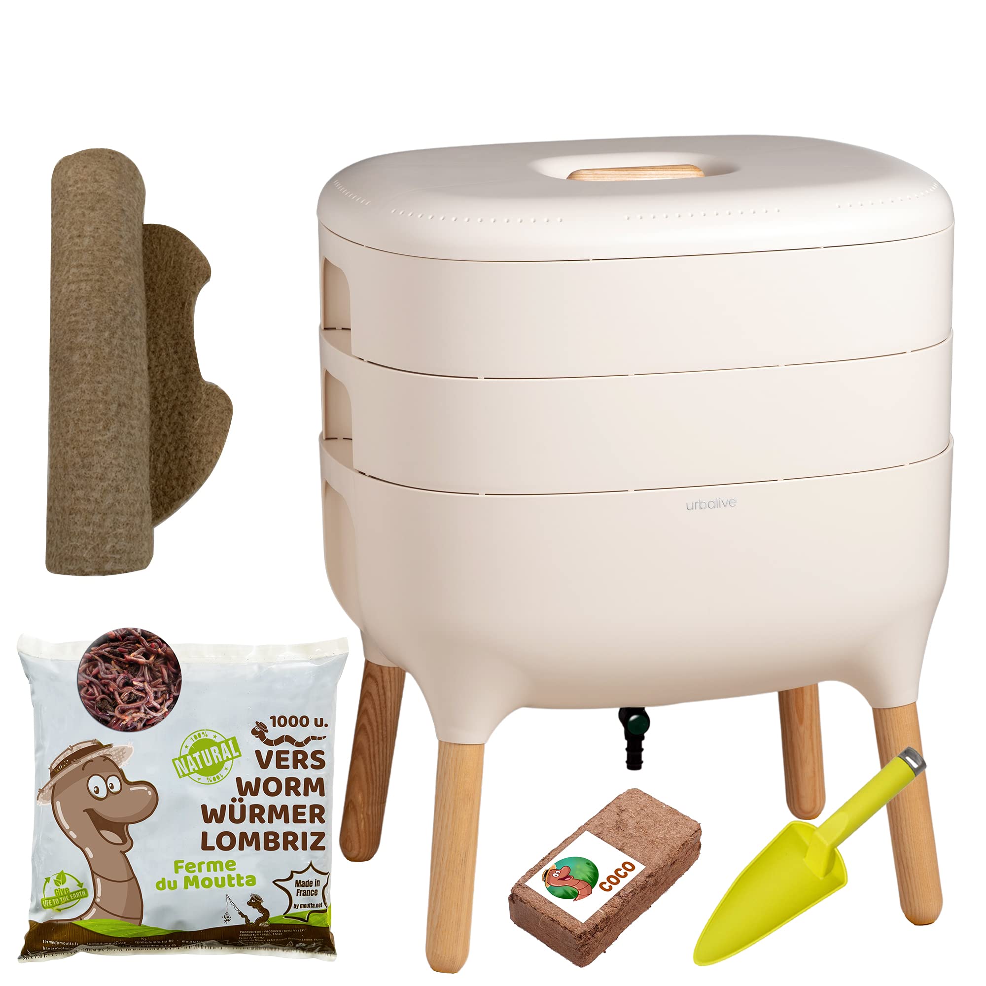 Moutta | Urbalive 2 Trays Ivory, Complete Kit I Wormery Design I 500gr of Compost Worms I Starter substrate I Hemp mat + Shovel I Interior, balcony and garden