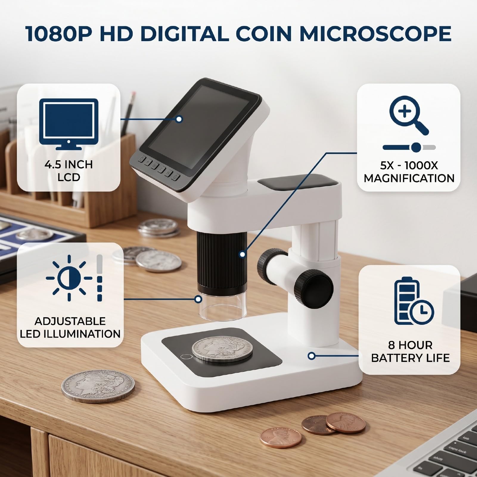 Digitalmikroskop, 4,5-Zoll-1080P-LCD, 5- Bis 1000-fache Vergrößerung, 8 LEDs, 7 Helligkeiten, 128 GB Erweiterbarer 8-Stunden-akkus, Digitalmikroskop für Sammlungsbeobachtungen
