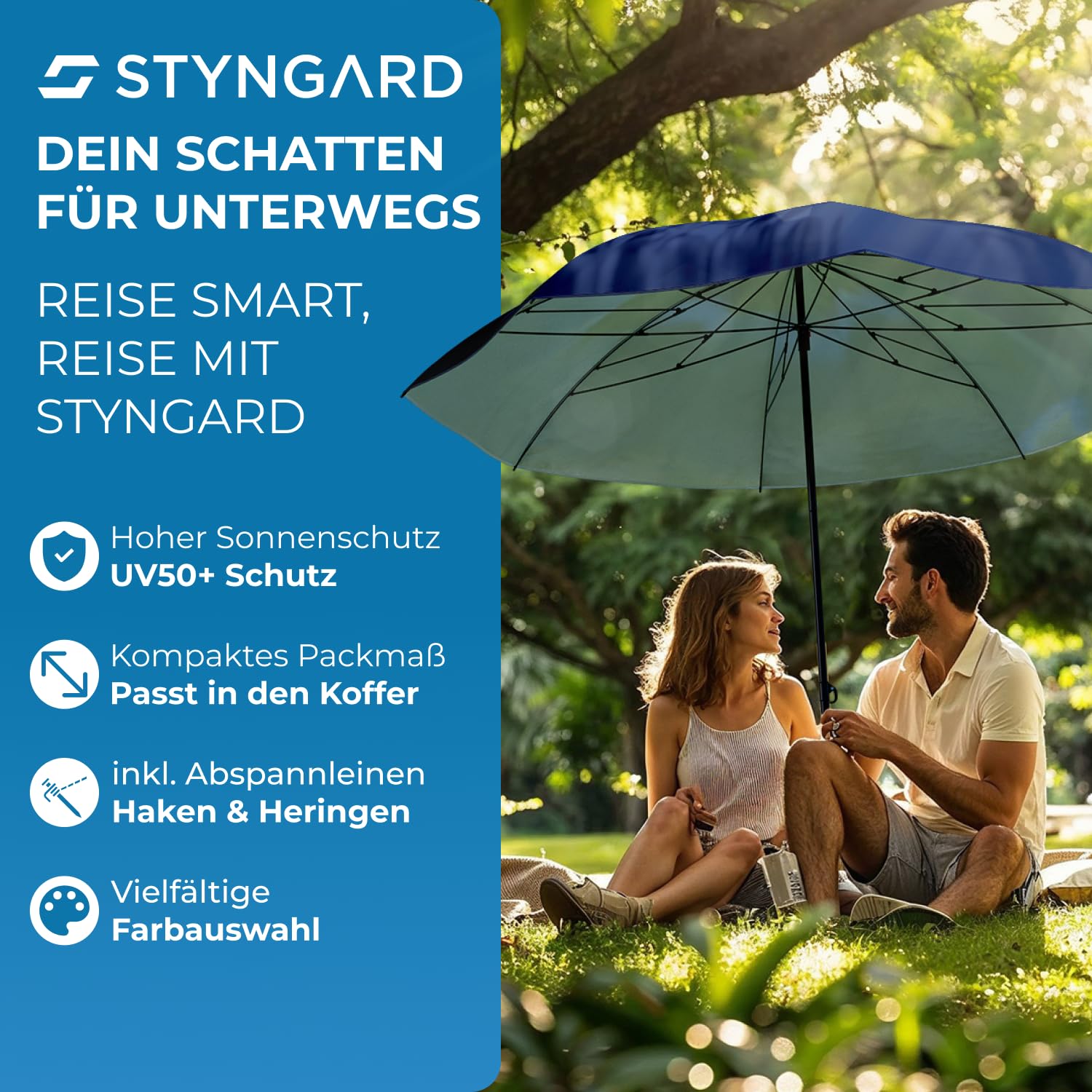 STYNGARD Niza - Sombrilla de viaje con protección UV 50+ [155 cm - Sombrilla de playa con cuerdas tensoras