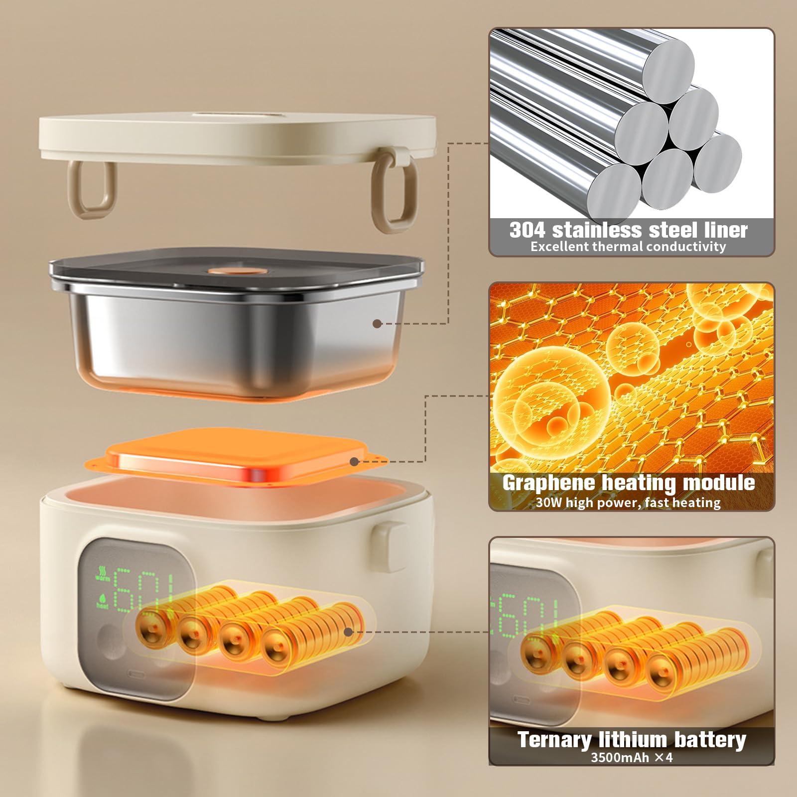 Contenitore per il pranzo elettrico con batteria - 800 ml, 14000 mAh, per adulti e bambini, funzione di riscaldamento a 7 livelli (20-80 min), portatile per casa, scuola, viaggi e ufficio