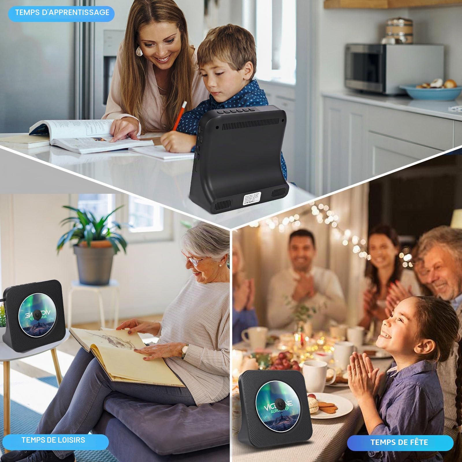 Lecteur CD Bluetooth avec Design Bureau, Lecteur CD Radio Portable avec Double Haut-parleurs & minuterie, Supporte entrée AUX/USB, Radio FM, Prise Casque, Transmission Bluetooth, écran LCD