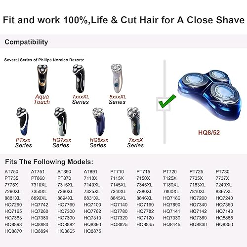 Miniatura 5 de HQ8 - Cabezales de repuesto para afeitadoras Philips Norelco Aquatec, cuchillas HQ8 compatibles con Philips Norelco Aquatec HQ8 Series, paquete de 3