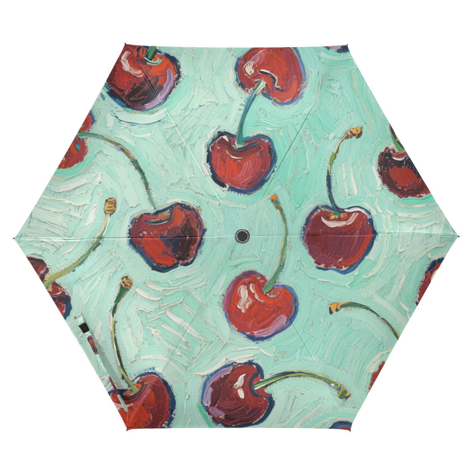 EtherSpher Cherry Fruit Green Art Painting Rain Umbrella 39 Inch windproof sun-proof waterproof auto open close Golf Umbrellas for water,sun & rain resistant Outdoor Defence Accessories paraguas para