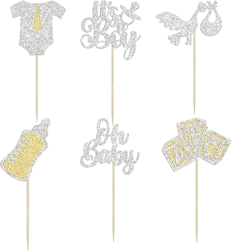 Miniatura 3 de Gyufise 24 adornos para cupcakes Oh Baby Glitter It's a Boy Cupcake Picks Tie Onesie Baby Shower Cake Decor para revelación de género, baby shower,