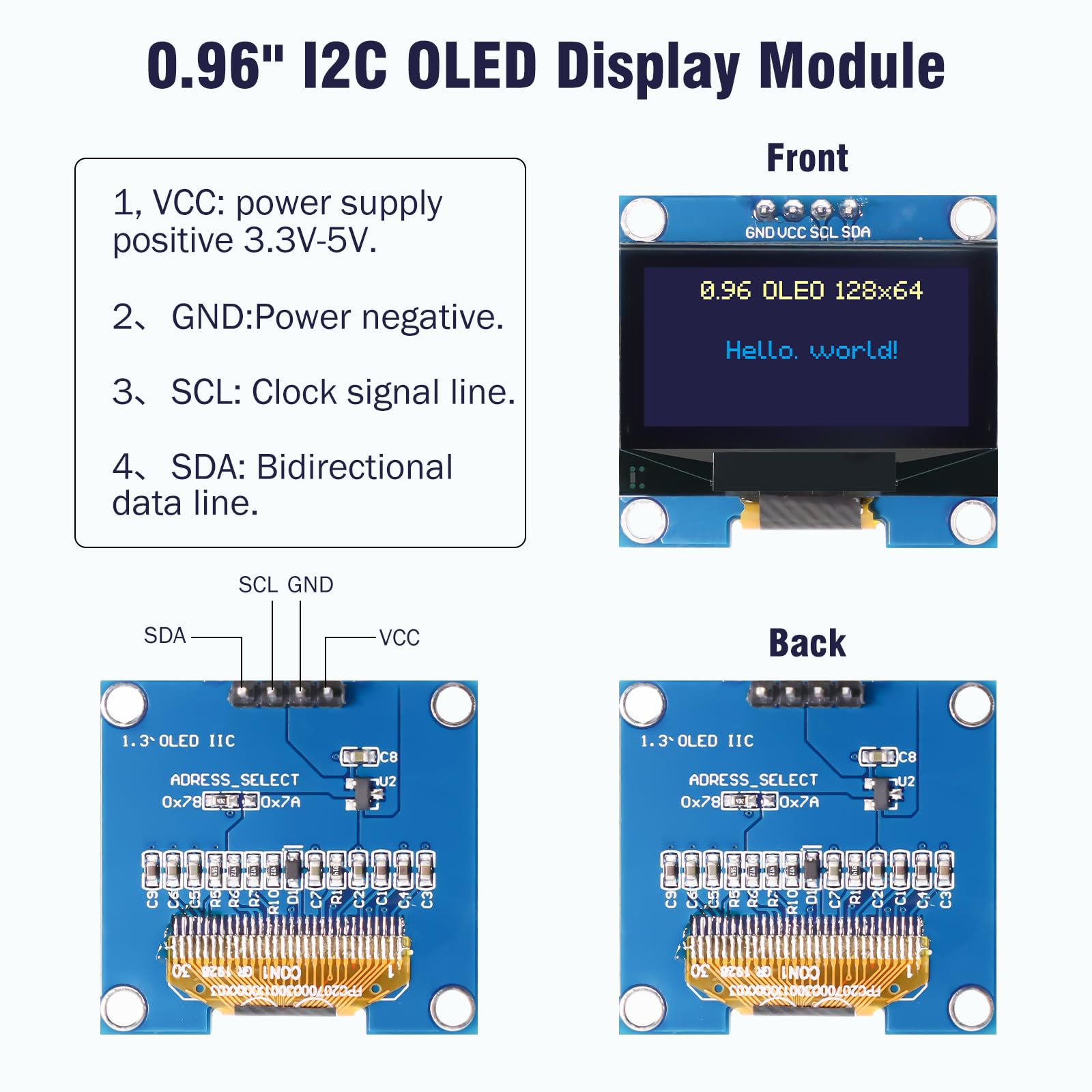 5 Display OLED 1.3'' SSH1106 128x64 Pixel Con Interfaccia I2C - Compatibile Con Arduino E Raspberry Pi