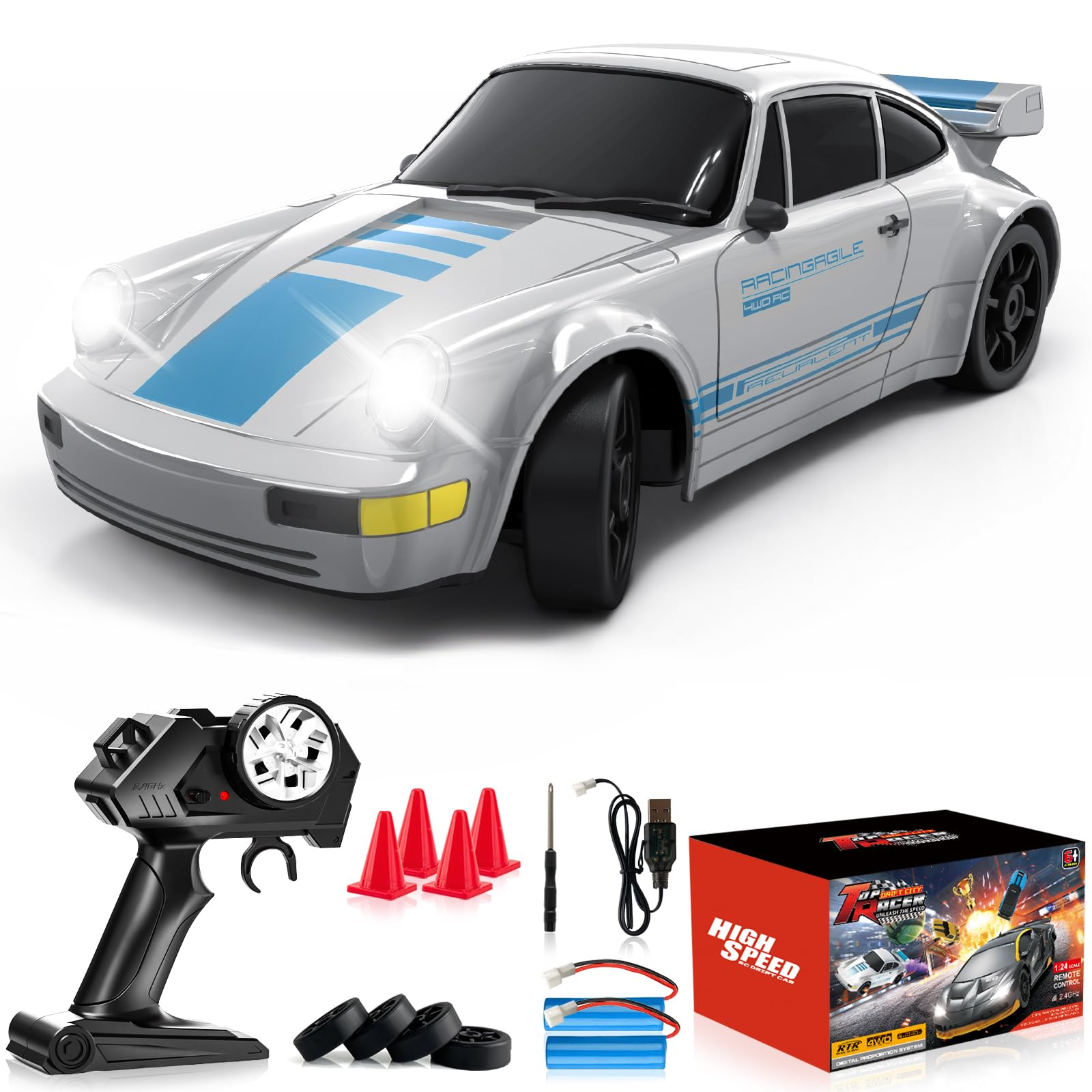 EversaleT RC Drift Car Remote Control Car 2.4GHz 1/24 4WD 15KM/H High Speed Racing Sport with LED Lights Drifting Tire Racing Sport Toy for Adults Boys Girls Kids Gift 2Pcs Rechargeable Batteries