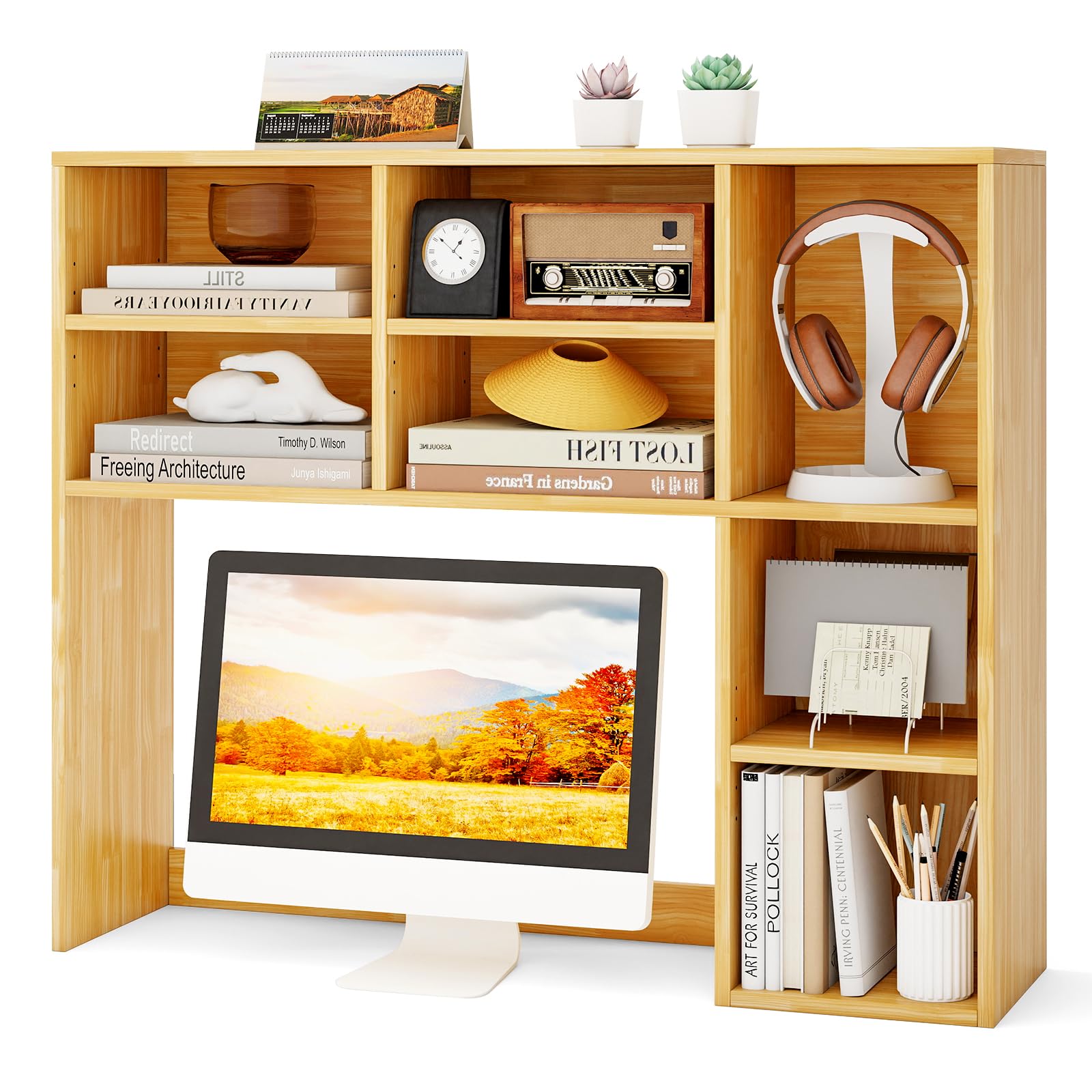 Tangkula Desktop Bookshelf, 37" Countertop Storage Hutch with 7 Cubes &amp; 3 Adjustable Shelves, 3-Tier Desk Display Rack Organizer, Multipurpose Wood Desktop Hutch for Dorm Home Office (Burlywood)
