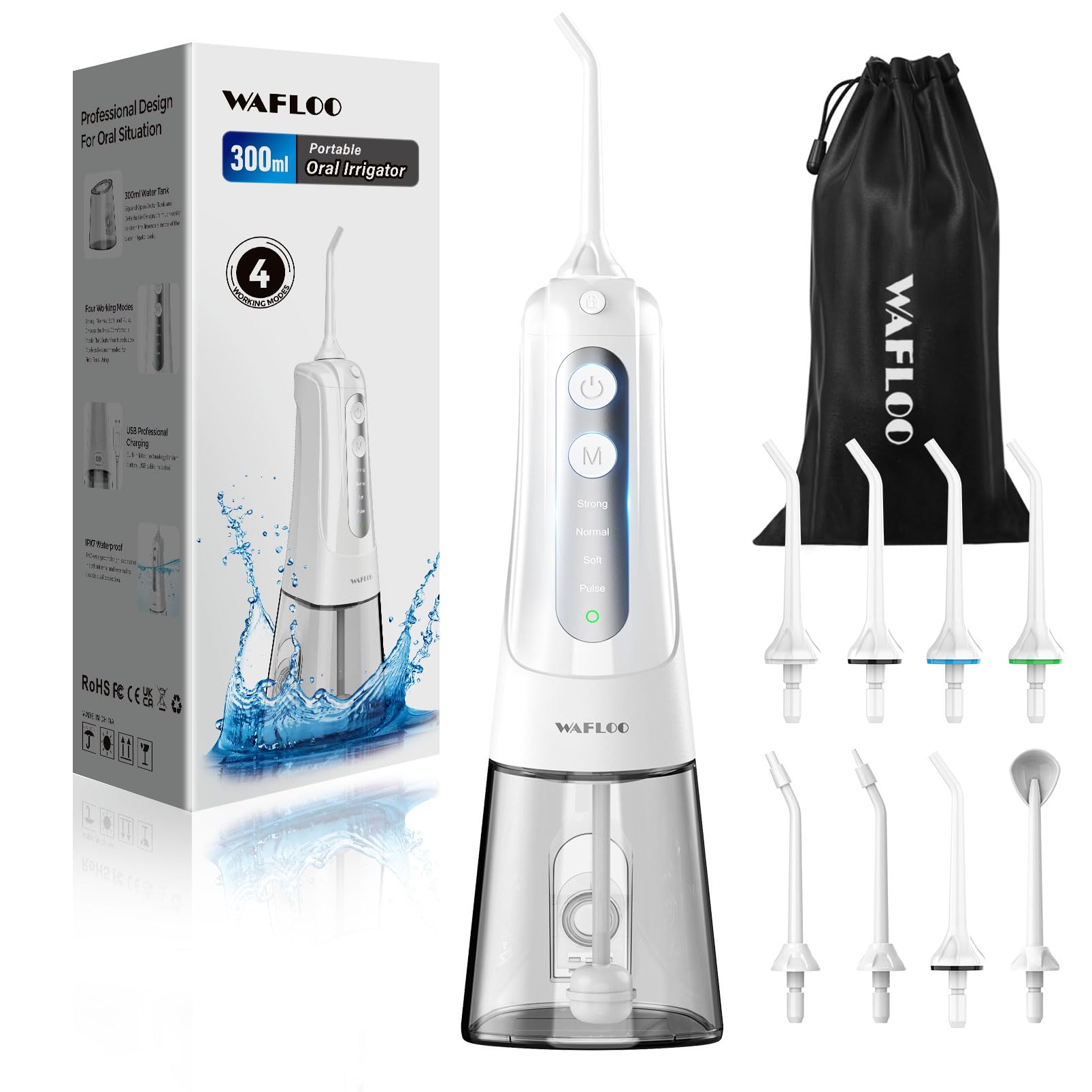 Cordless Water Flosser, 4 Modes Portable Water Floss with 8 Jet Tips, 300ML Tank, Rechargeable Power with IPX7 Waterproof for Travel Home (White)