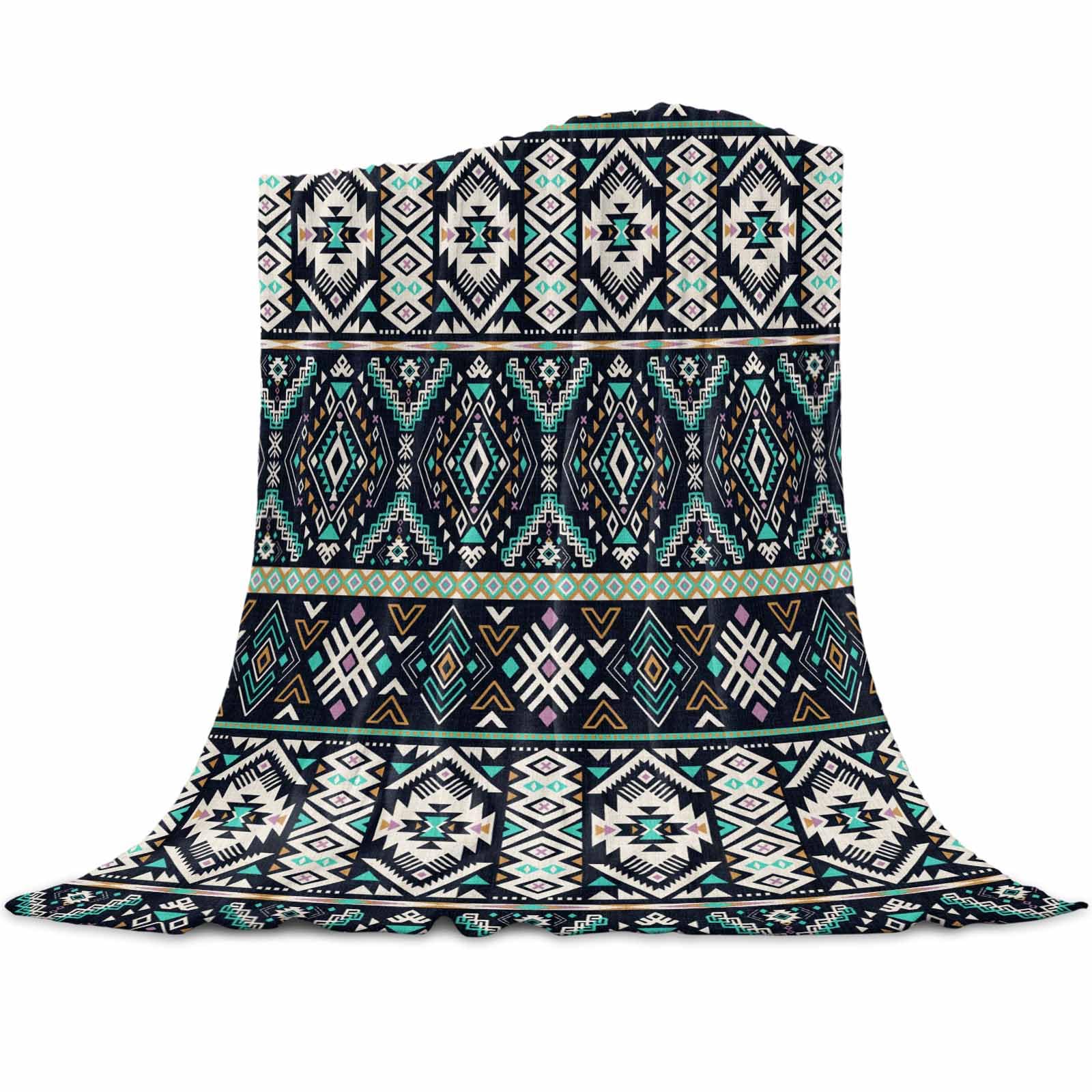 Fleece Flannel Blanket Aztec Navajo Abstractive Graphics National Tribal Sea Green Antique White Thin Soft Warm Cozy Bed Throw for Home Sofa Camping