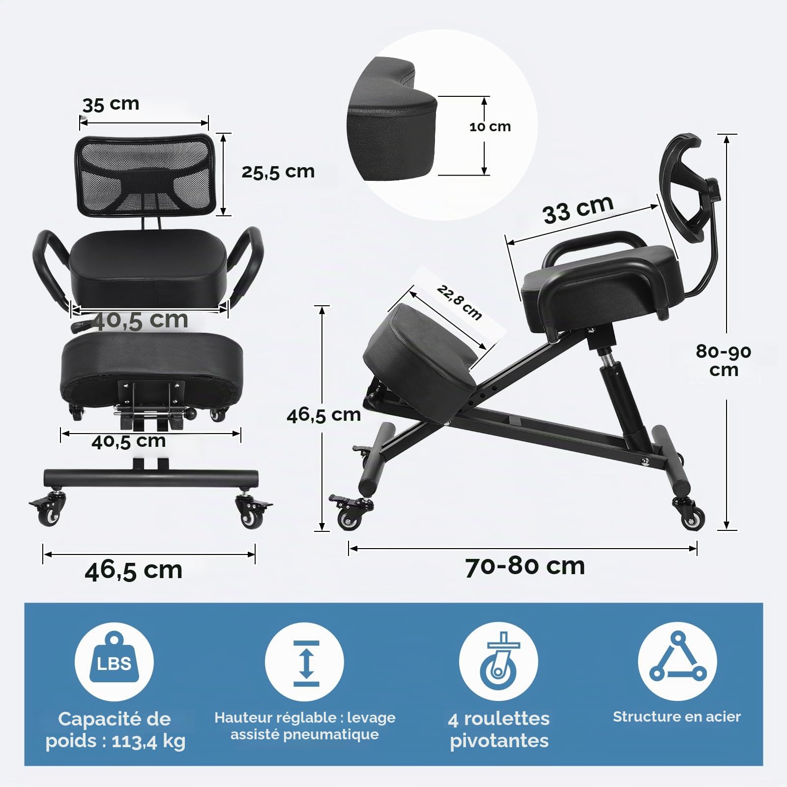 Chaise genoux ergonomique avec dossier | Hauteur réglable de 57 à 67 cm et rembourrage en maille respirante | Repose-jambes 4 positions et siège stable jusqu'à 100 kg Tabouret pour bureau, dessin et