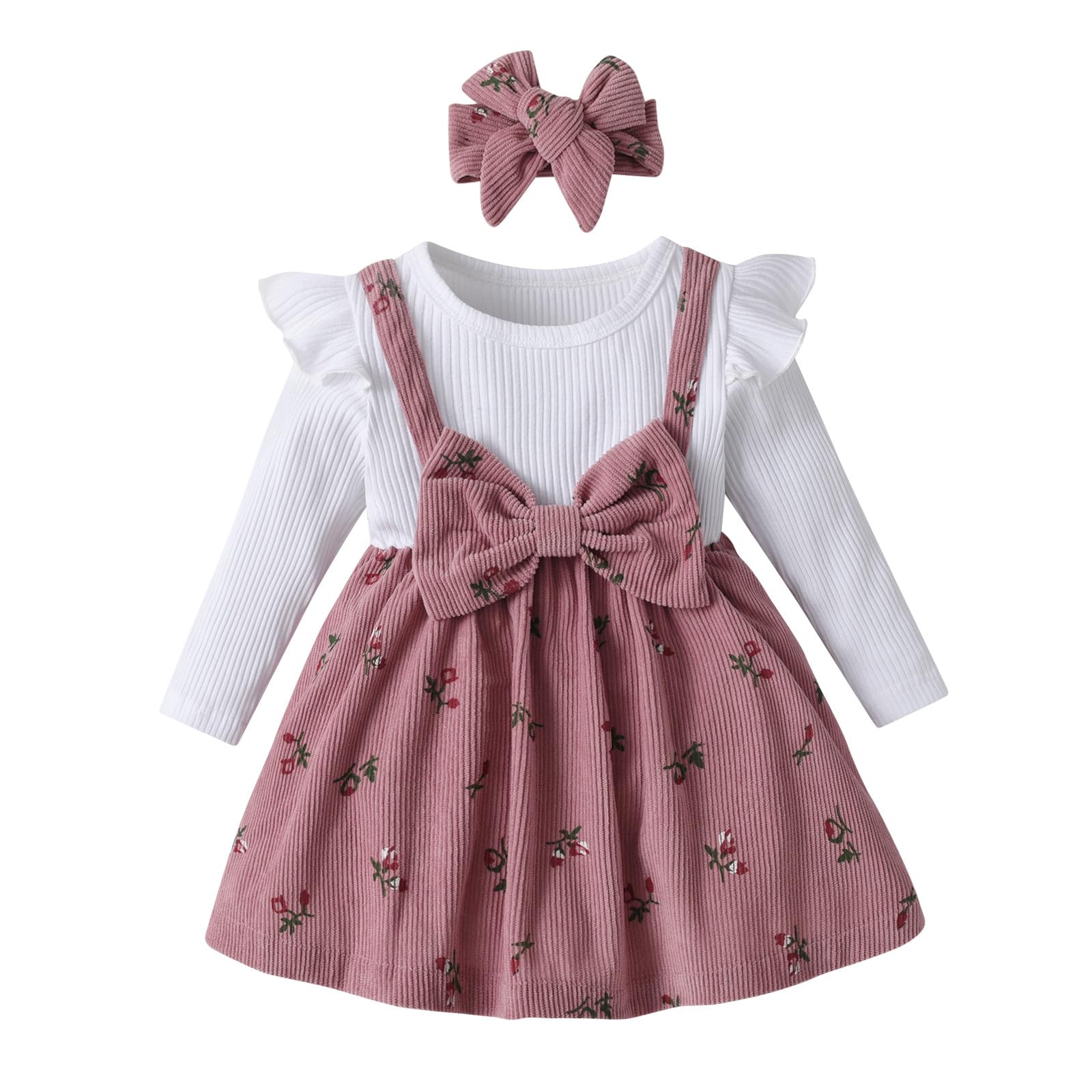 Baby Girl Clothes Dress Long Ruffle Sleeve Outfits Bow Tie Suspender Skirt