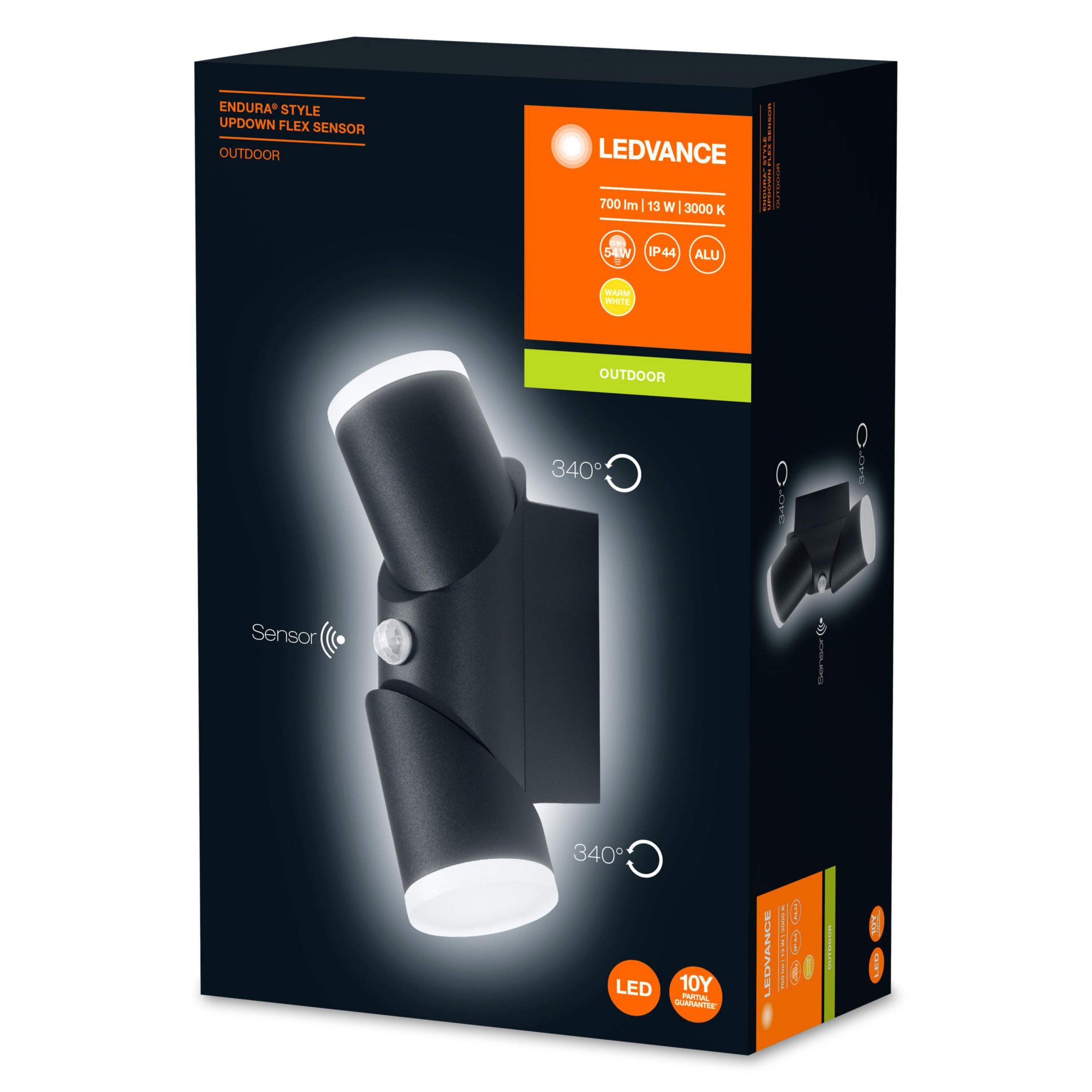 LEDVANCE Lampa ścienna i sufitowa LED, lampa do zastosowań zewnętrznych, ciepła biel, zintegrowany czujnik światła dziennego i ruchu, Endura Style Updown Flex Sensor