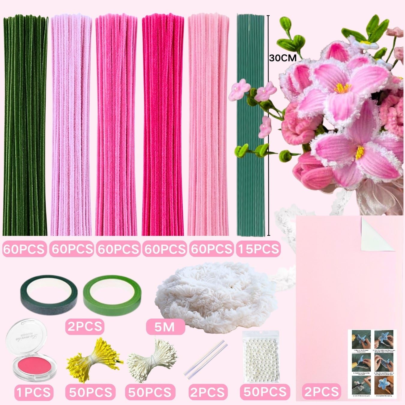 Pink Pipe Cleaner Flower Kit,300 Chenille Stems in 5 Colours,1 Wool,15 Green Floral Wire,50 Pearls,100 Stamen,2 Floral Tape,2 Wrapping Paper &Instructions