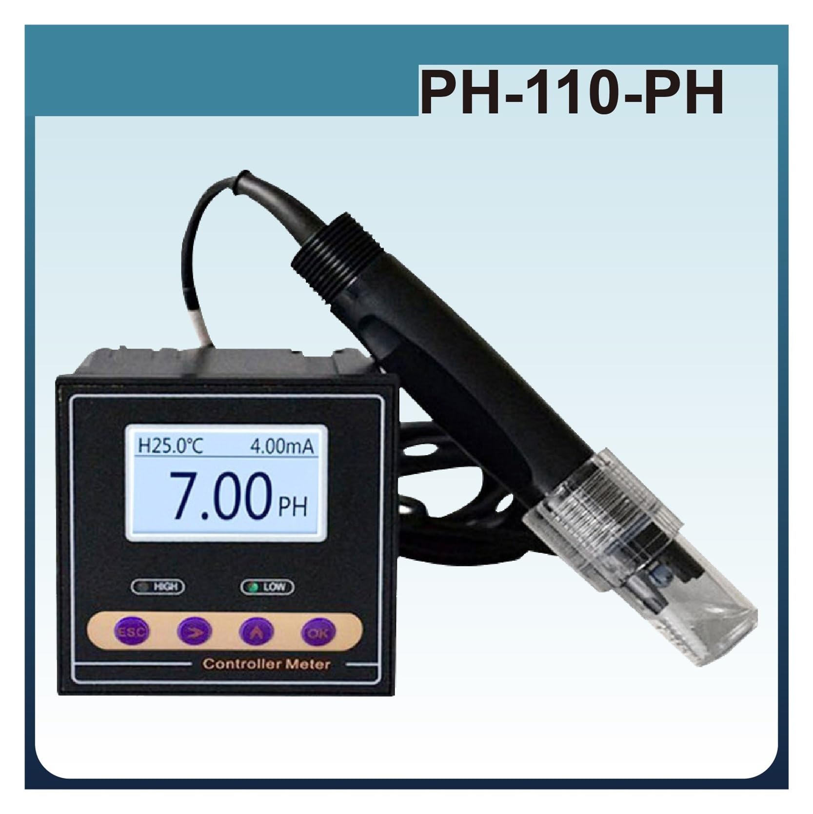 PH-110 PH ORP Miernik kontrolera Kwasowości Monitor zasadowości 4-20mA RS485 Ścieki przemysłowe Ścieki Wysoka temperatura Wyczyść ekran(PH-5m-PTFE-Elec)