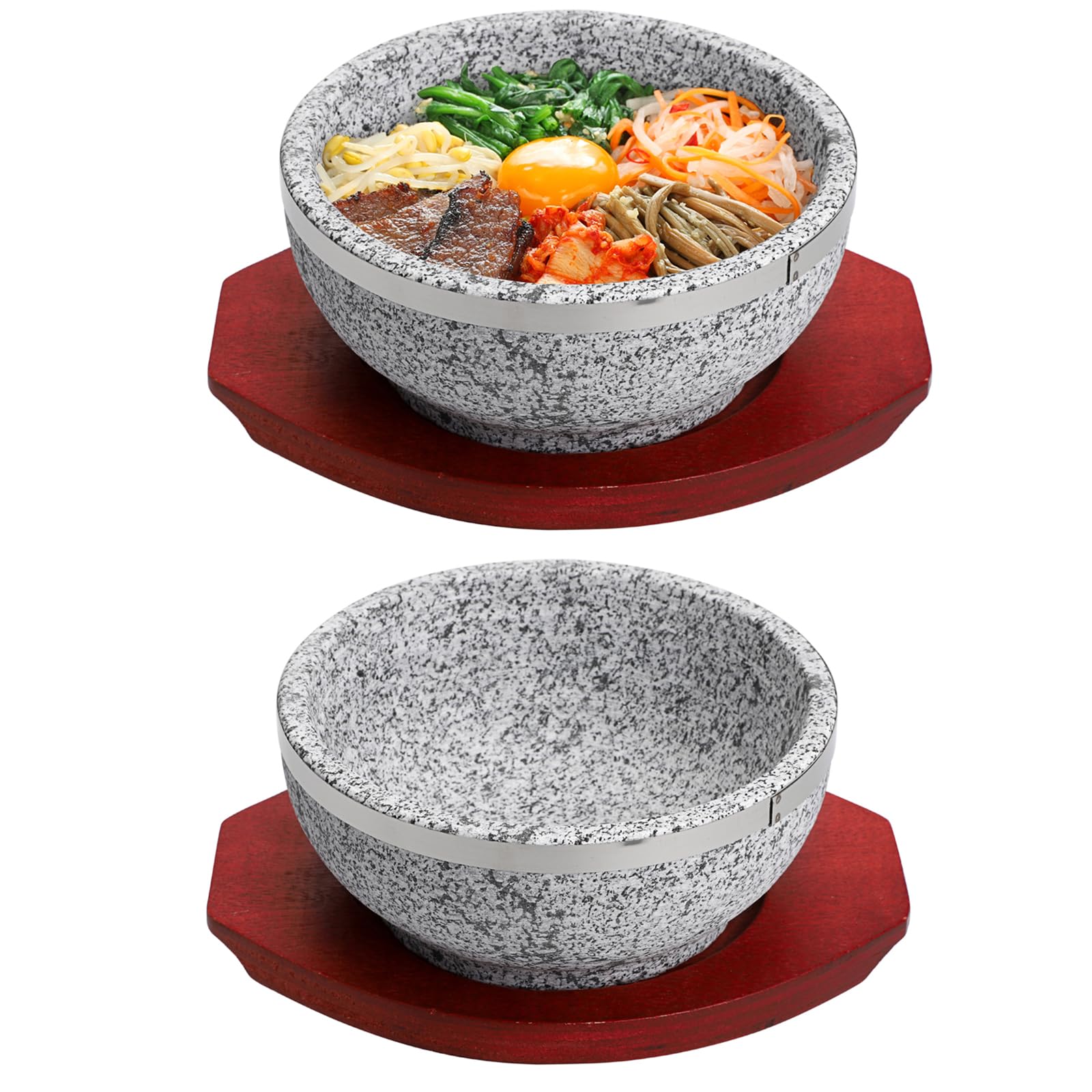 Set di 2 ciotole in pietra coreana con vassoi in legno, in granito Dolsot Bibimbap