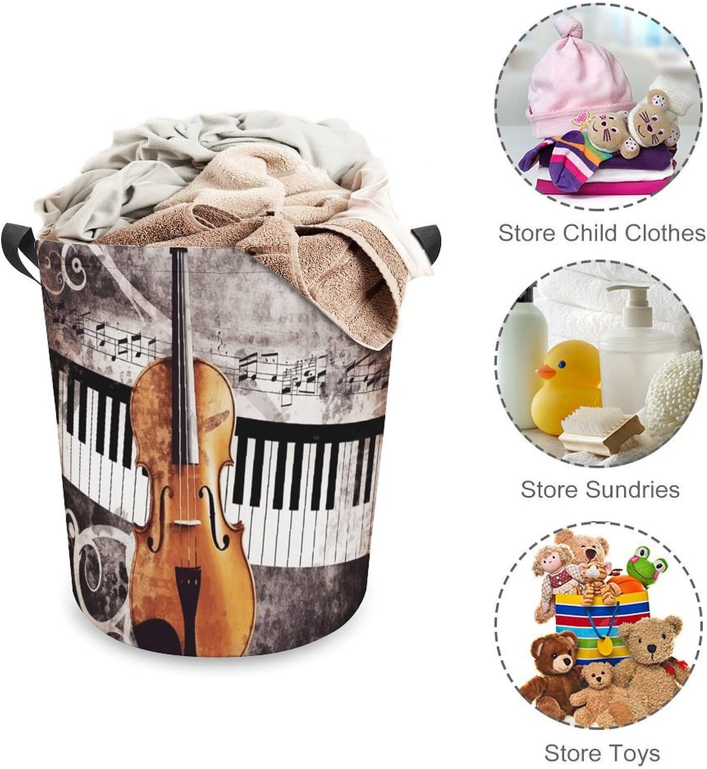 Laundry Hamper Piano Violin Music Notes Laundry Basket Storage Basket Waterproof Circular Hamper with Handles Portable Dirty Clothes Hamper Clothes Storage Bin for Home Organizer Bedroom Dorm image 3