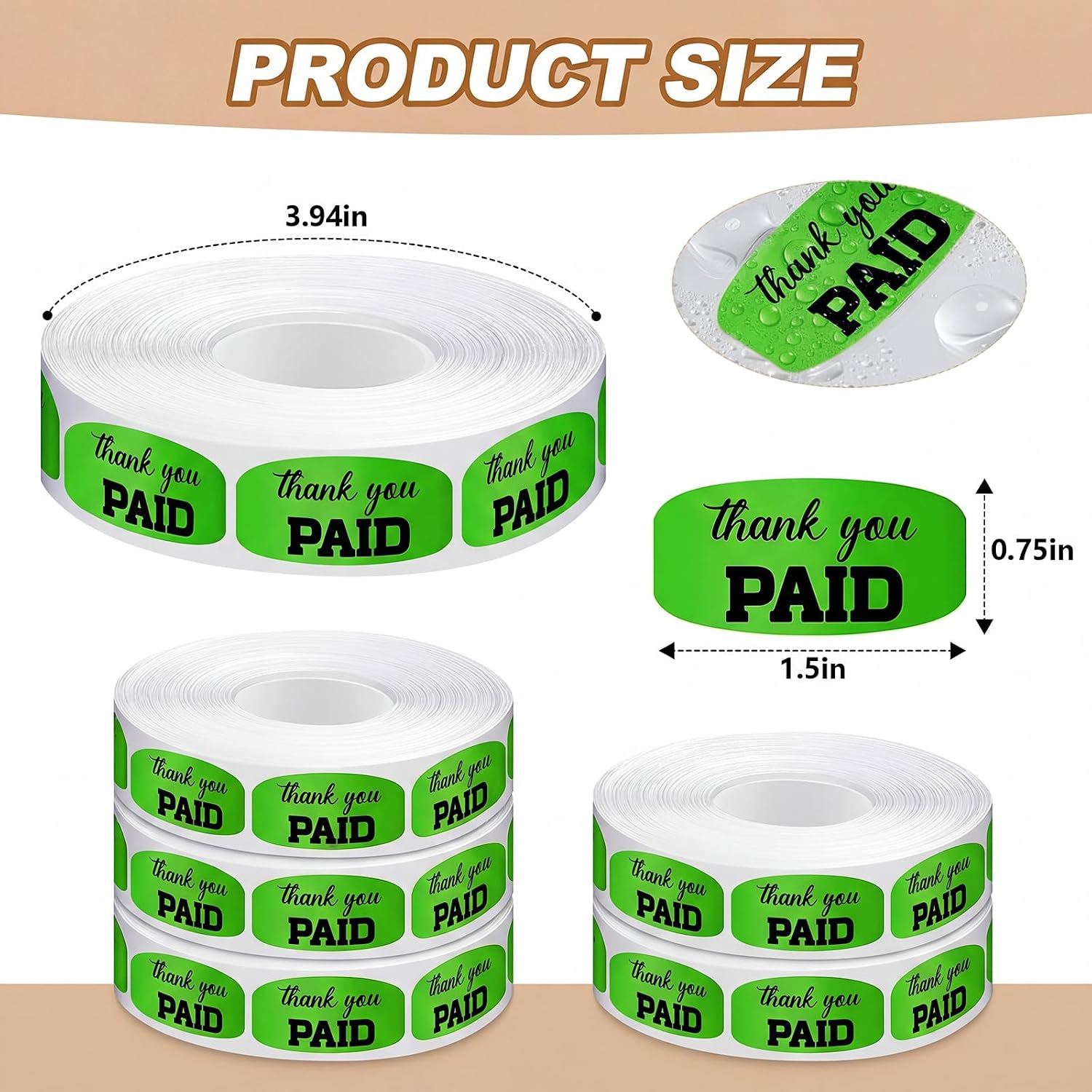 Zhanmai 5 Rolls 5000 Pcs Paid Stickers, 0.75 x 1.5 Inch Self Adhesive Thank You Paid Labels, Bright Fluorescent Green Retail Stickers for Business Supermarkets Shop