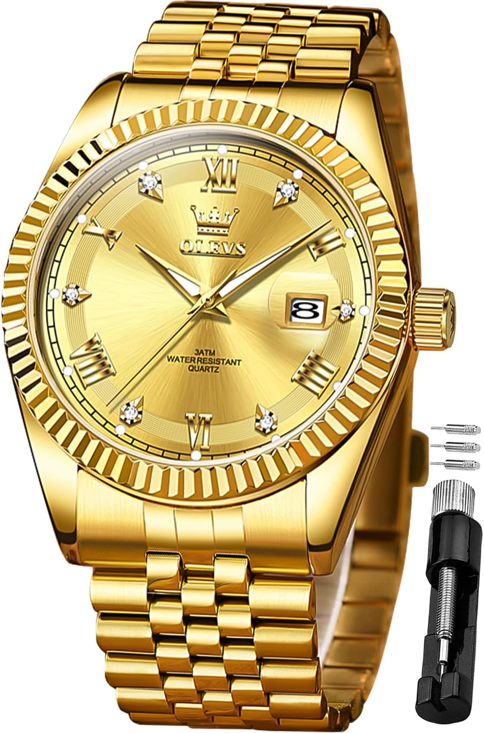 OLEVS Watches for Men Luxury Diamond Casual Large Easy to Read Analog Stainless Steel Watch Waterproof Luminous Two Tone Wrist Watch