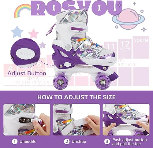 Miniatura 4 de Rosyou Patines para niñas y niños patines para principiantes para interiores y exteriores ajustables 4 tamaños con ruedas iluminadas equipo de