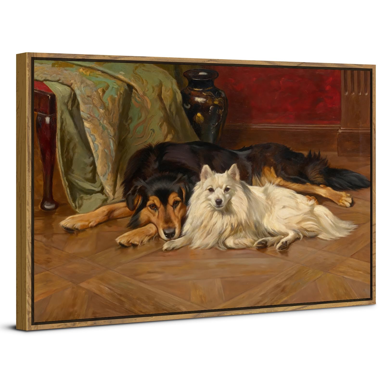 Retro Decor Vintage Framed Wall Art Canvas Prints Pet Dog Wall Decor Funny Dog Sleeping on the Floor Wall Paintings for Living Room Kitchen Home Decorations Mid Century Modern Posters Artwork 16x24"