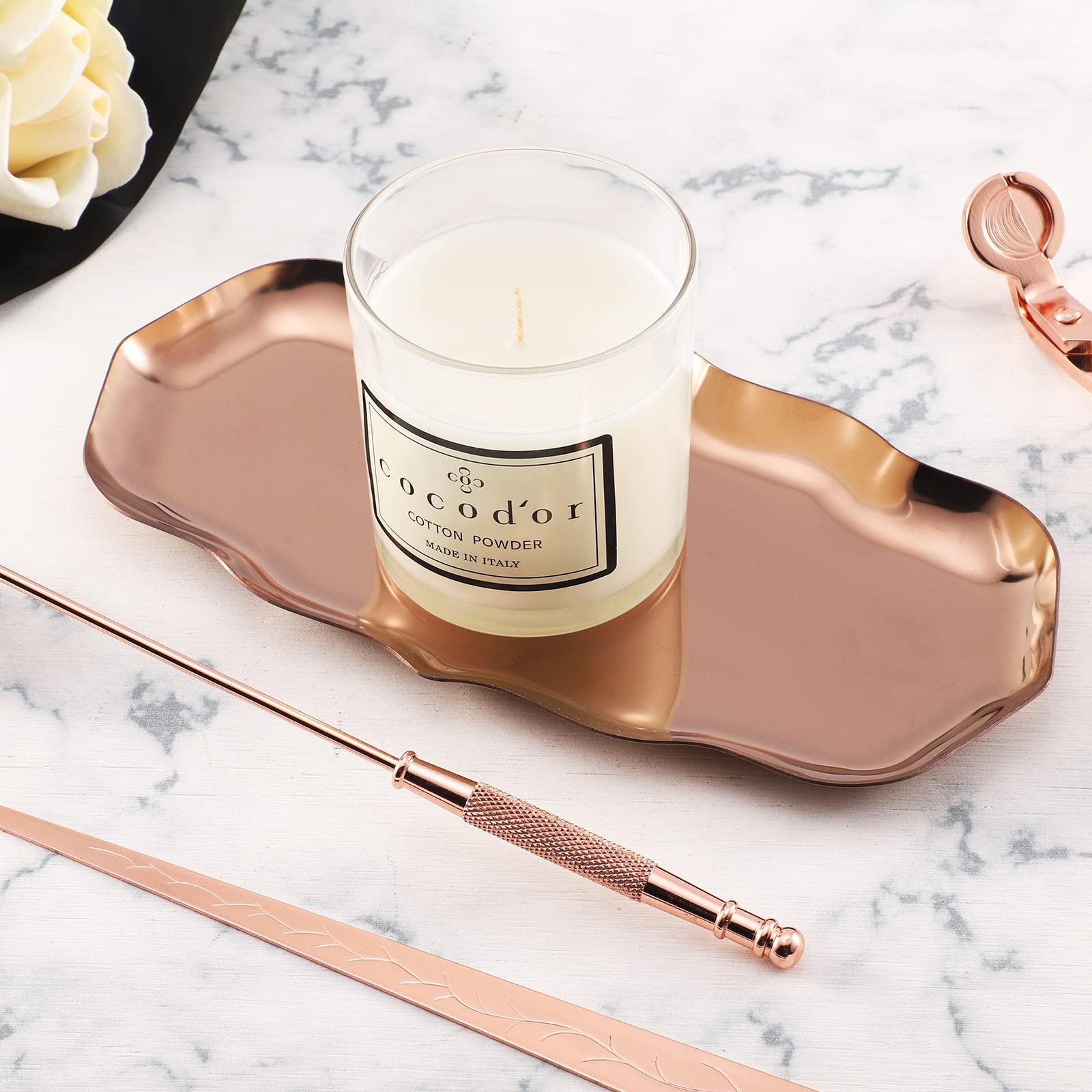 Candle Snuffer Set, 4 in 1 Candle Accessory Kit - Candle Snuffer, Candle Wick Trimmer, Candle Wick Dipper Plus Storage Tray, Candle Care Tools, for Candle Lovers - Rose Gold