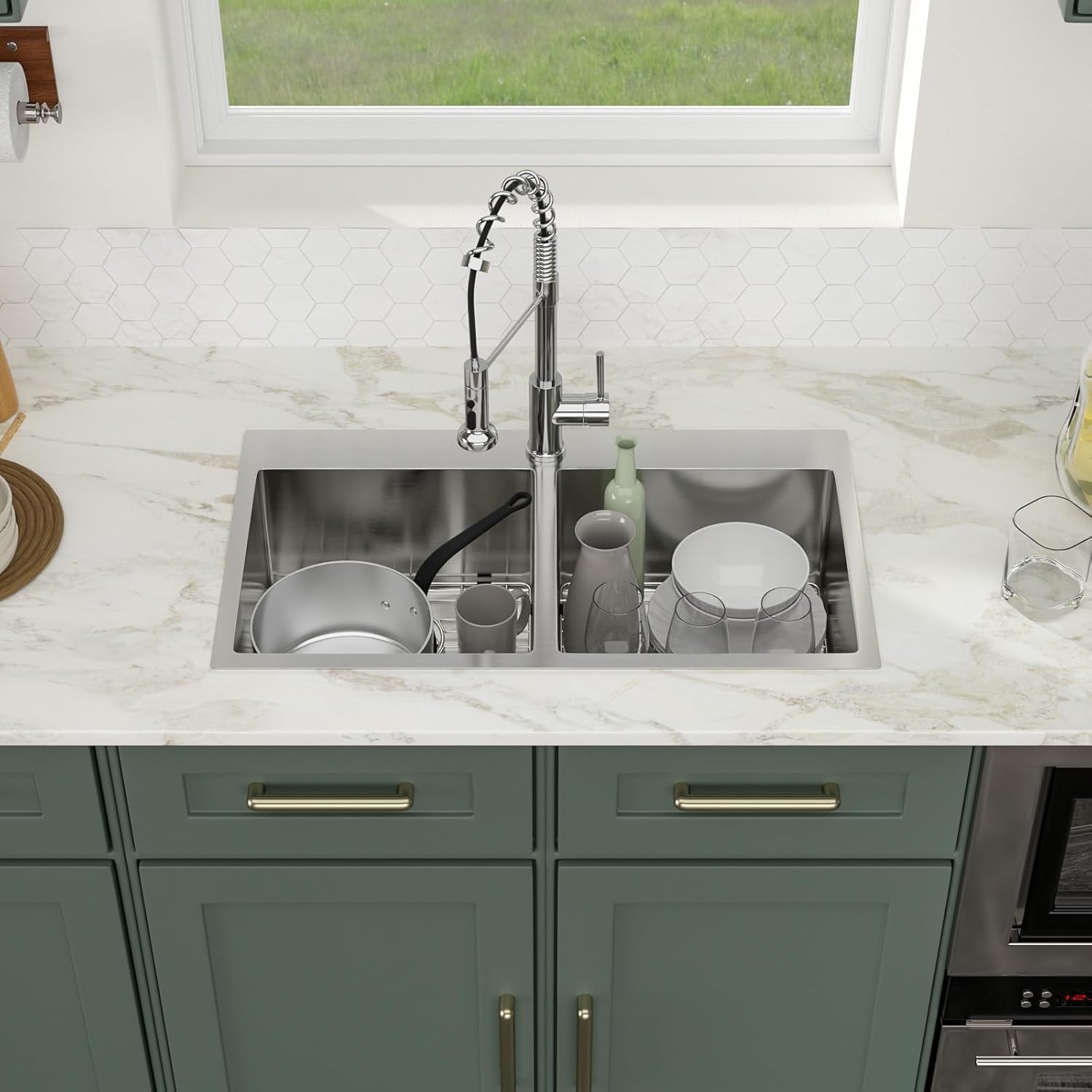 Logmey 32 Inch Drop In Double Bowl Sink - 32x18 Inches Handmade Stainless Steel Doble Sink 16 Gauge 50/50 Double Bowl Kitchen Sink 32x18x9 Inches Topmount Sinks