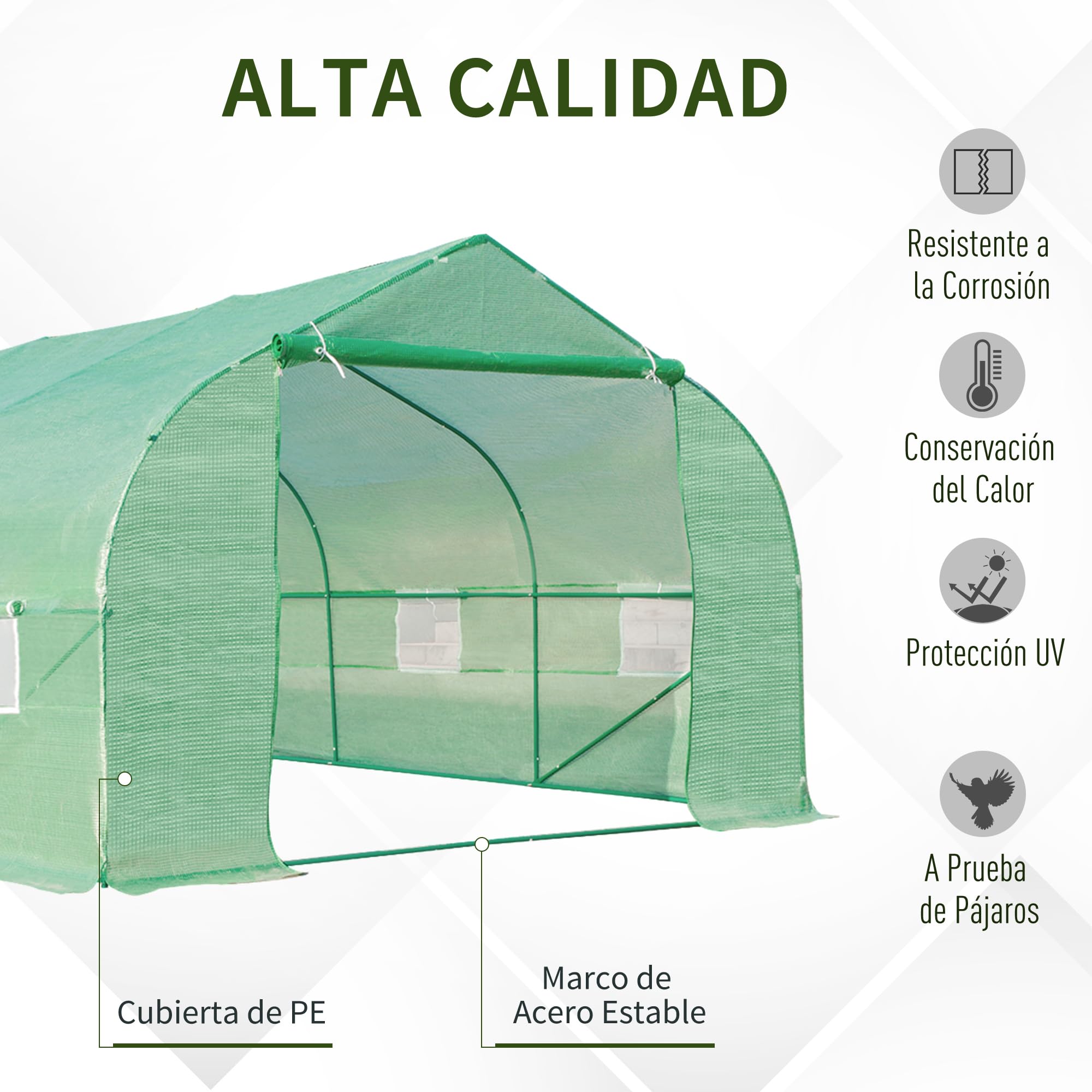 Outsunny Invernadero de Jardín 6x3x2 m Tipo Túnel para Cultivo Plantas Verduras con 8 Ventanas Transpirables y Puerta Enrollable con Cremallera Acero Verde