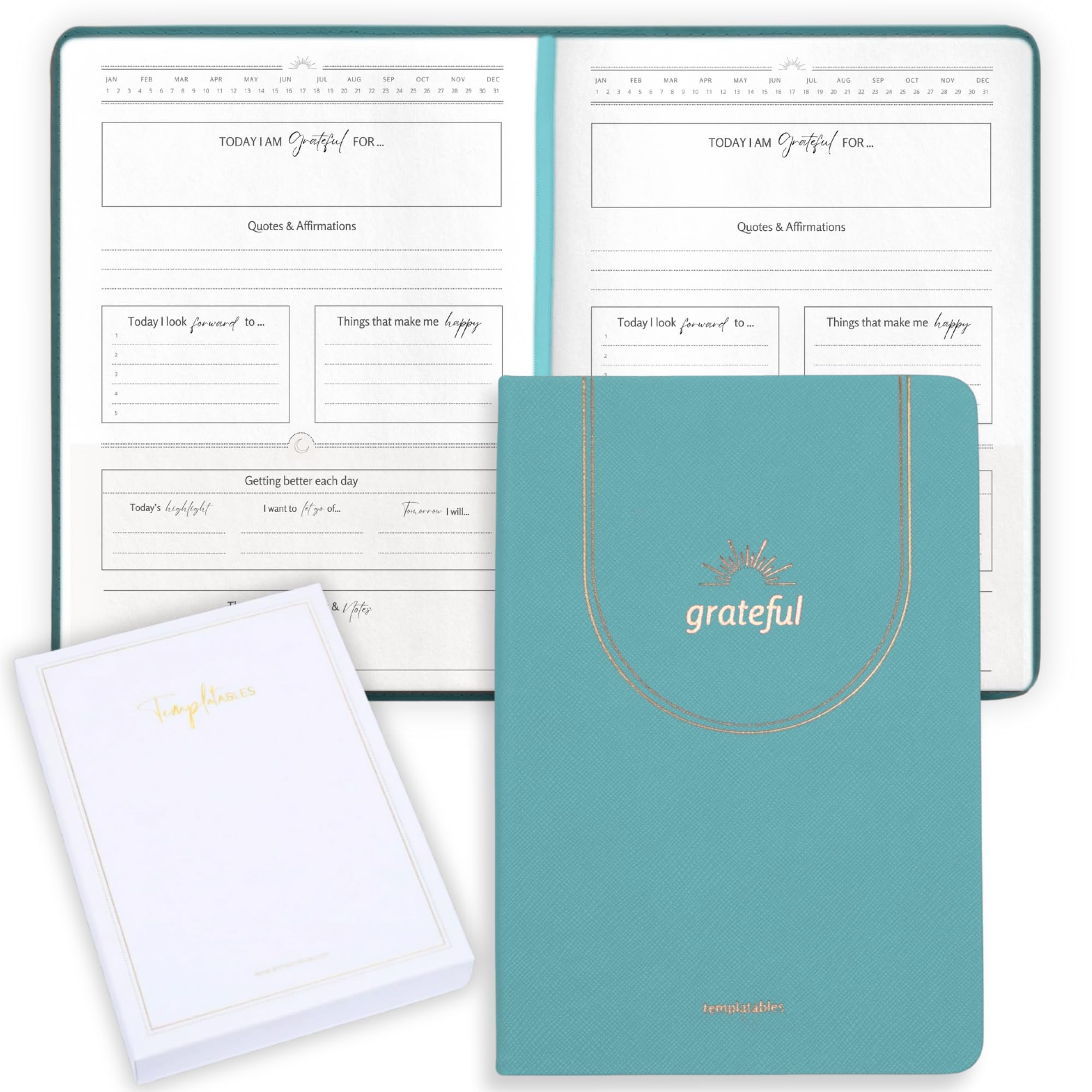 Gratitude Journal Daily Mindfulness & Self-Care Notebook with Premium Leather Cover, Guided Prompts, 170gsm Paper, Gold Foiling, Satin Ribbon & Luxury Gift Box for Women & Men (Teal Blue)