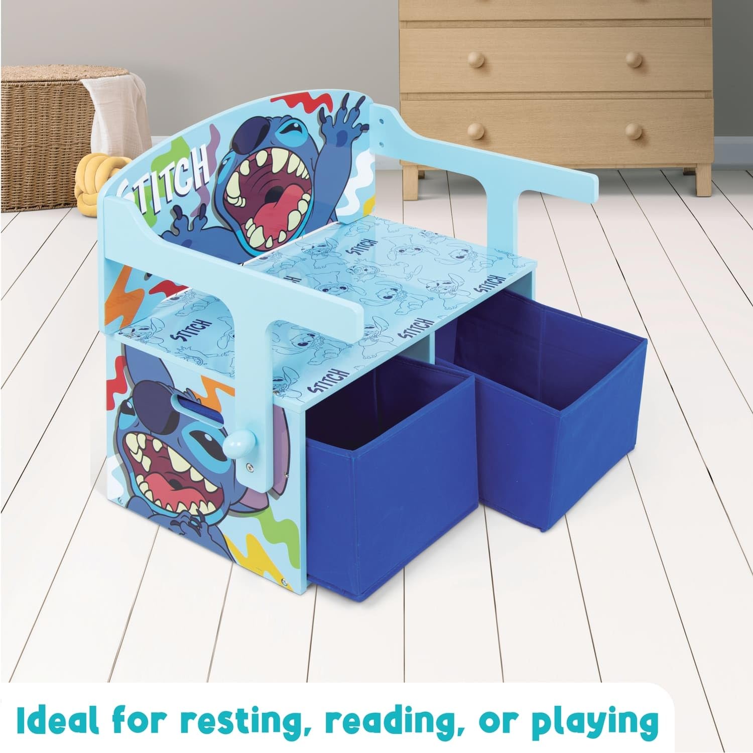 ARDITEX - Banc pupitre en Bois pour Enfants Convertible en Bureau avec Espace de Rangement inférieur Stitch de Disney - 60x47x56cm - Couleur Bleu et Turquoise - Idéal pour Chambre d’Enfant