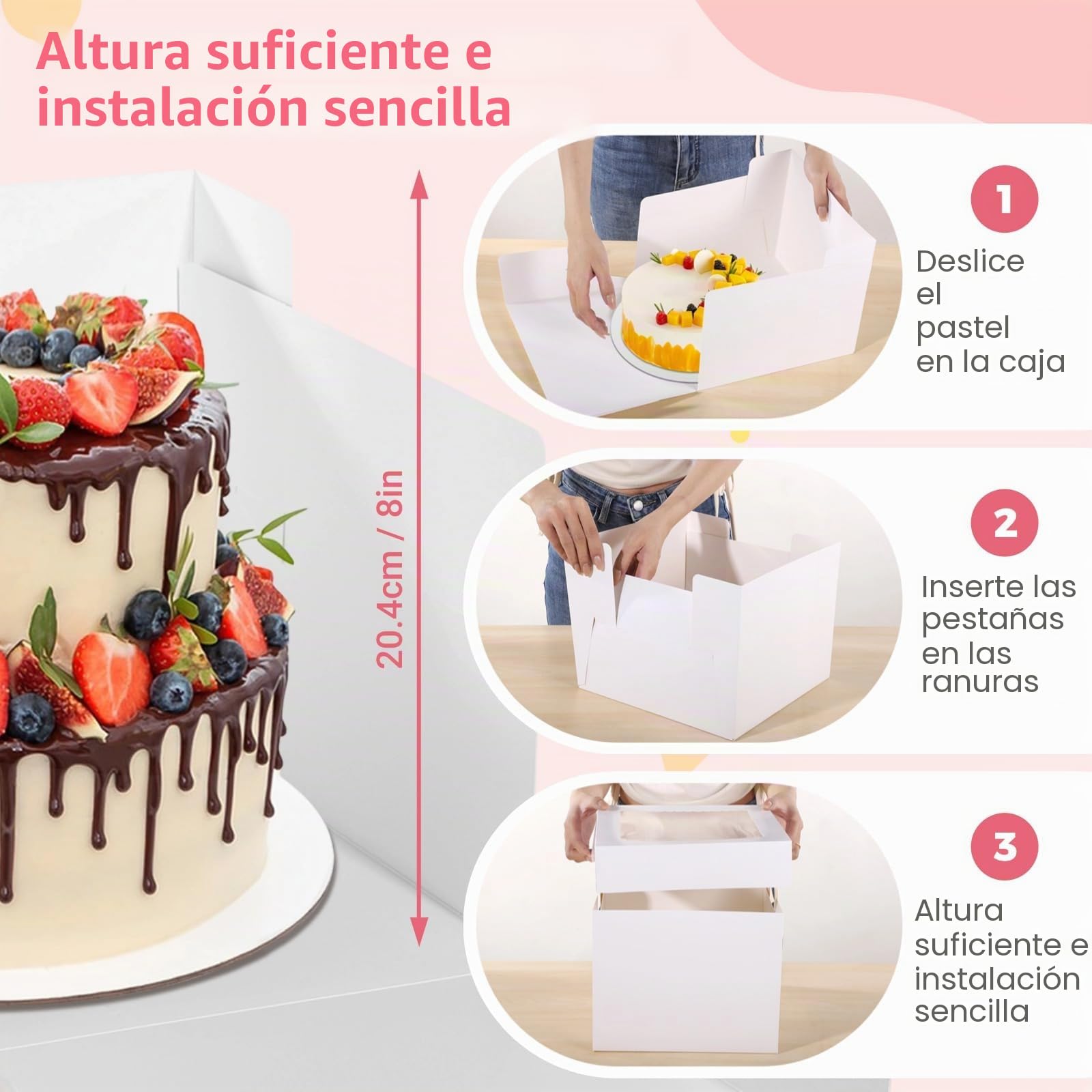 Varku 15 juegos de cajas para tartas, incluye 15 cajas para pasteles y 15 tablas, 25,4 x 25,4 x 20,4 cm, cajas de panadería blancas con ventanas, recipientes desechables para tartas con tapa para