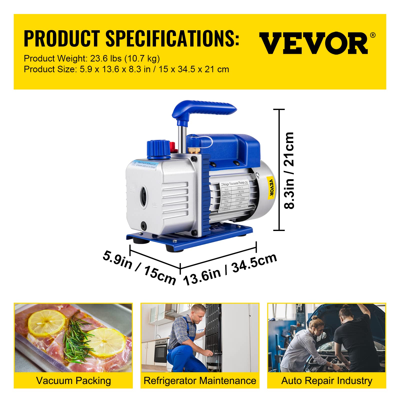 VEVOR 9 CFM Vakuumpumpe 1 HP 2-stufig Vakuumpumpe mit Ölfenster und intelligentem Kühler, eignet Sich für Haushaltsklimatisierung, Kfz-Wartung, Vakuumverpackung, Kühlschrankvakuum, Industrie usw