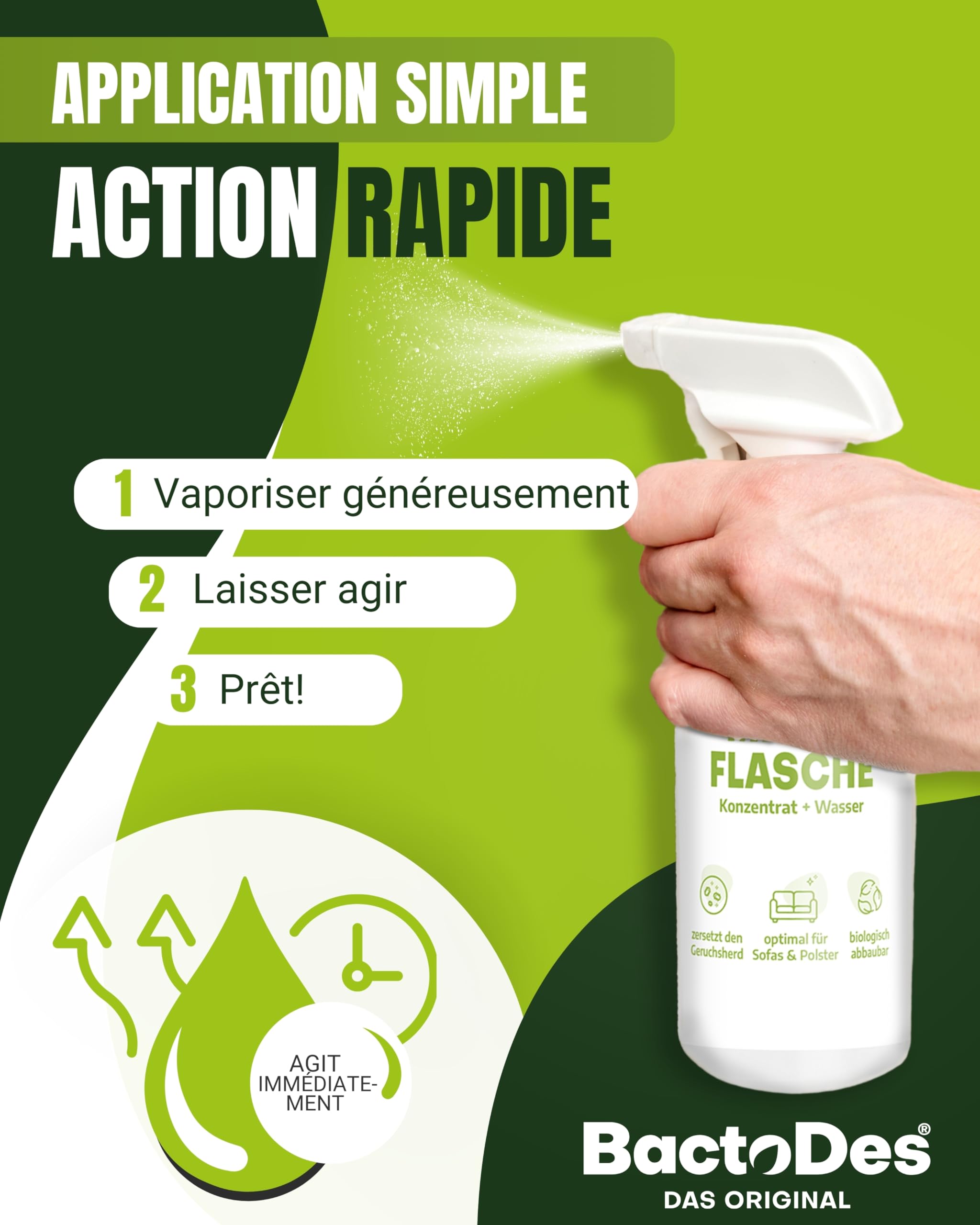 BactoDes - Désodorisant concentré animaux 1L avec vaporisateur mélangeur - Spray chat anti pipi puissant avec effet microbien bio - Anti odeur litiere chat - Anti odeur chien - Elimine les odeurs