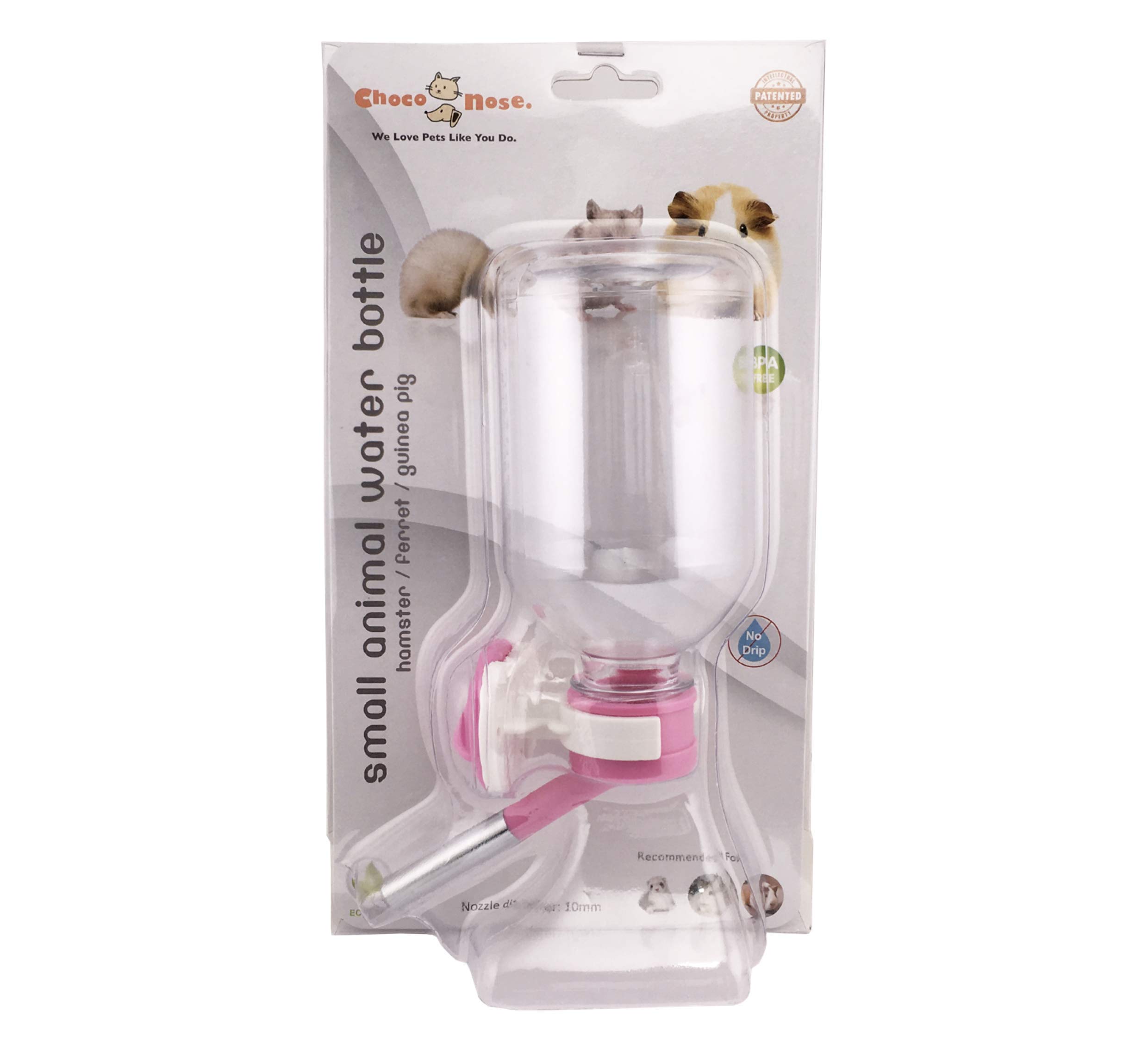Choco NosePatented No-Drip Water Bottle/Feeder for Guinea Pigs/Hamsters/Bunnies/Ferrets/Other Small Pets, Critters and Animals -for Cages, Crates or Wall Mount. 11.2 oz. Nozzle 10mm, Pink (H128)