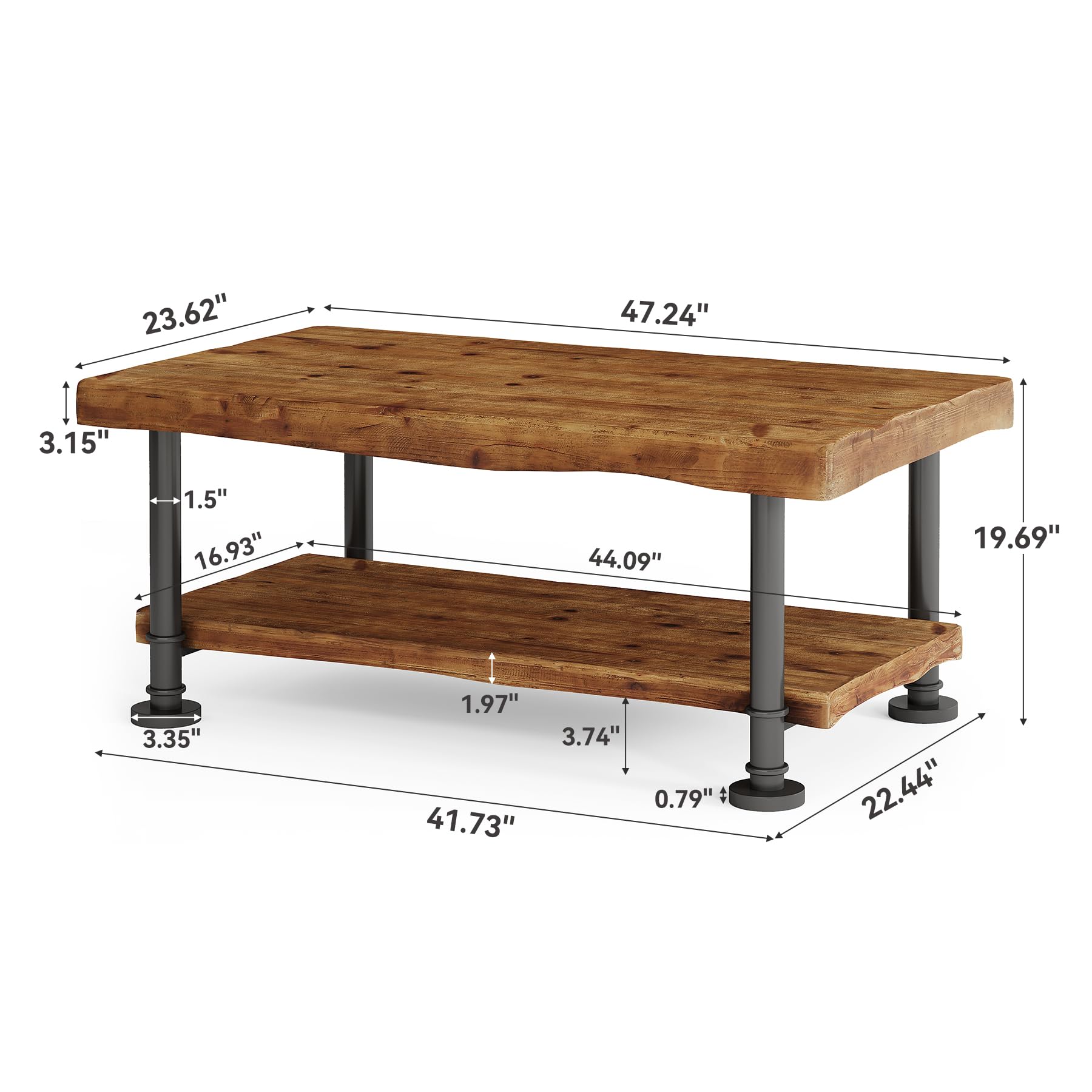 Tribesigns Meseta de Centro Estilo Granja, Mesa de café de Madera con Almacenamiento, Estante de 2 Niveles con Borde Vivo, Patas de Metal, Mesa Central Rectangular de 47" para Sala de Estar, salón