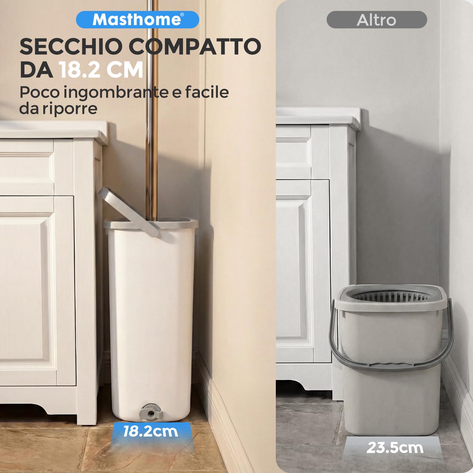 Masthome Mocio Lavapavimenti in Microfibra e Secchio Strizzatore, Mocio Piatto Professionale con Secchio Doppio Scomparto, Secchio Lavapavimenti con 4 Panni Riutilizzabile, Bianco + Grigio