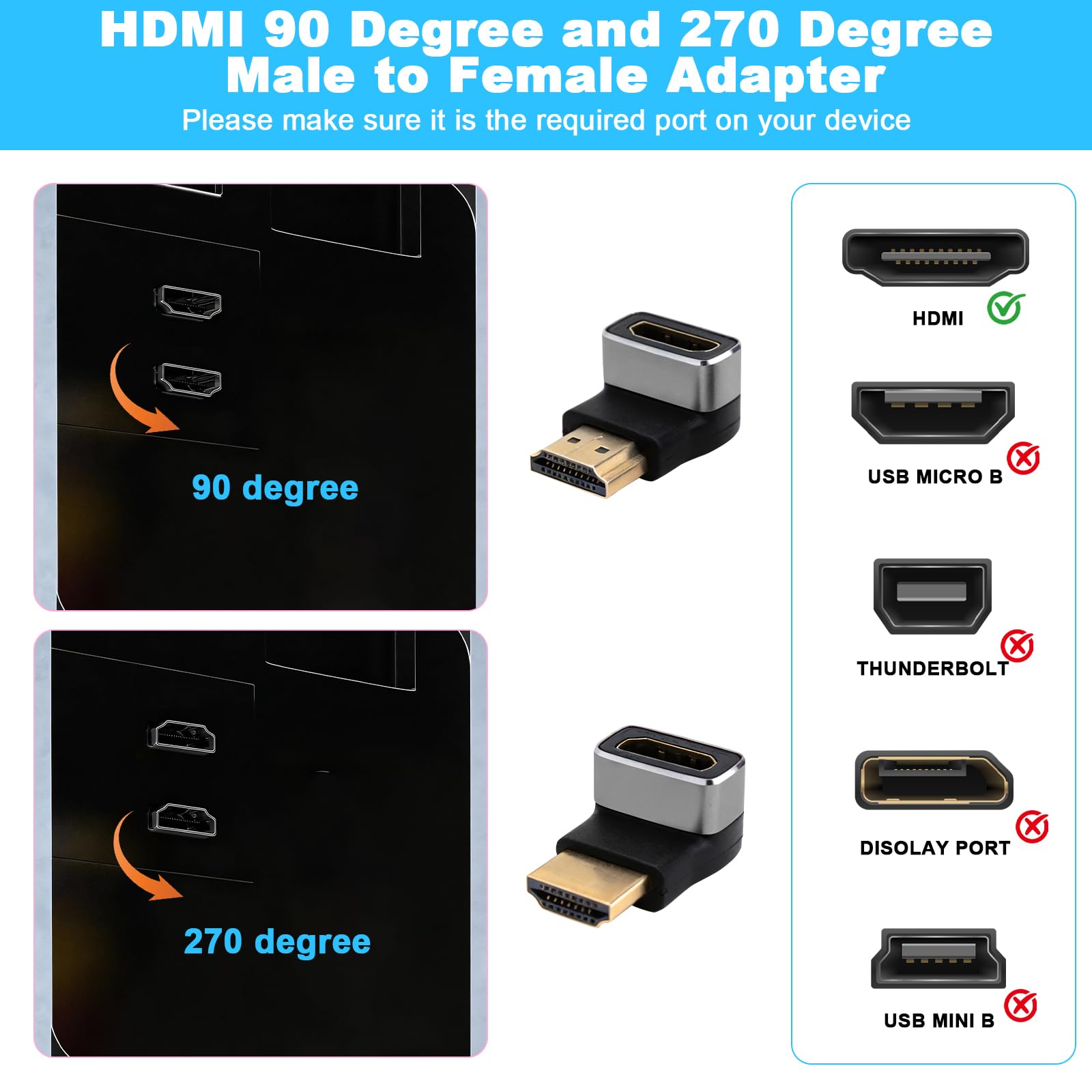 Adapter HDMI 8K 2 sztuki Ultra HD dwukierunkowy 90° i 270° kątowy wtyk kątowy HDMI na gniazdo 8K 60 Hz 4K 120 Hz 2.1 adapter kątowy HDR VRR Dolby eARC 3D 48 Gbps do PS5, Xbox, TV, PC, projektora