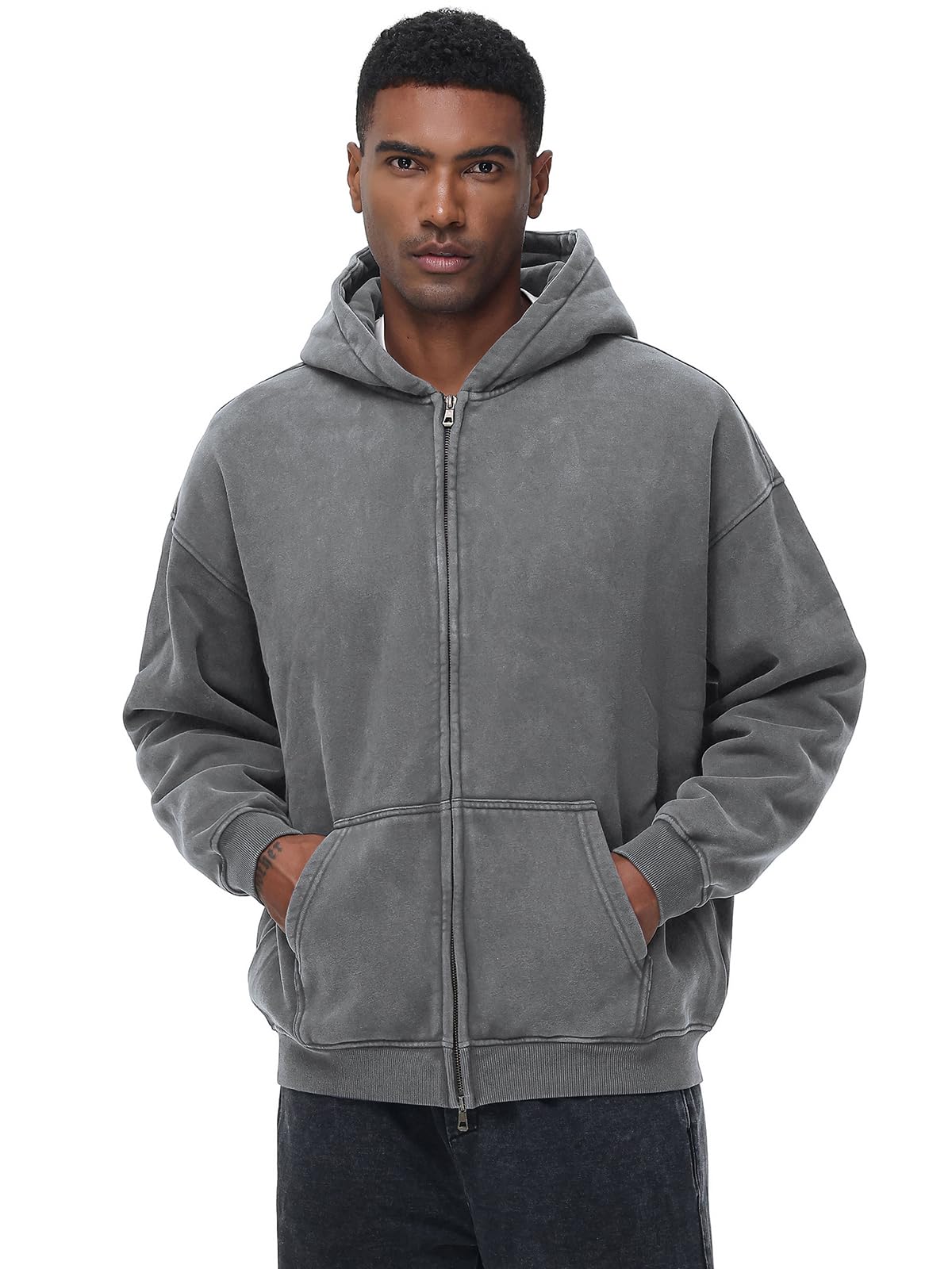 Sudadera con capucha para hombre de gran tamaño, estilo vintage, forro polar, lavado ácido, básico, cálido, con cremallera, ropa de calle