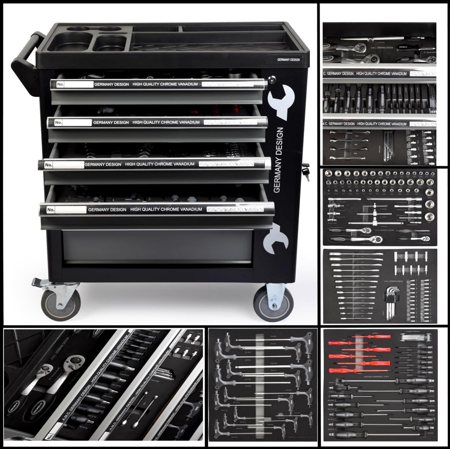 GrecoShop Carrello Attrezzi Portautensili Officina 428 Utensili 6 Cassetti Chiusura a Chiave Organizer Ruote Struttura Rinforzata Carbon Look