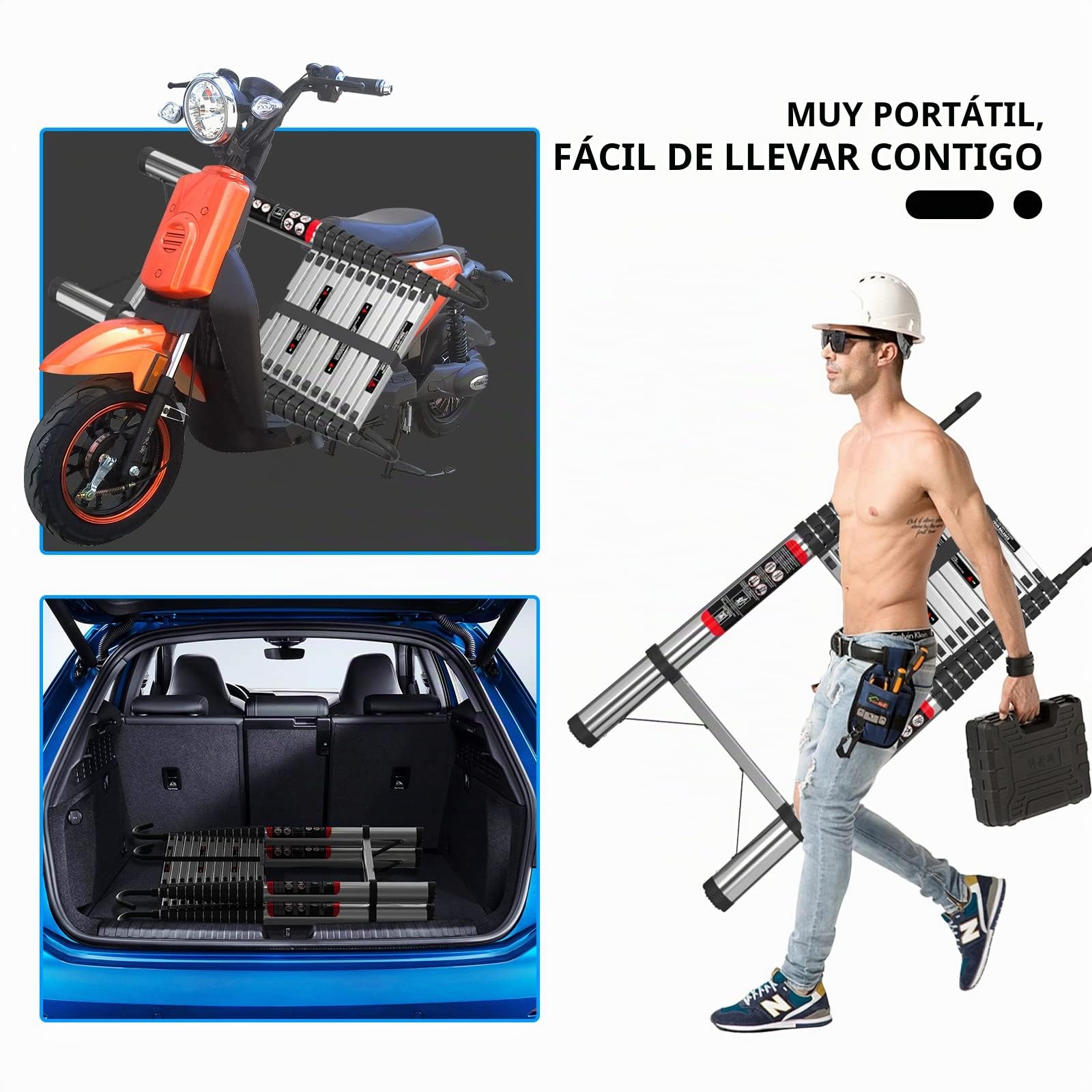 Escalera Telescópica con 2 Ganchos 5M/16.4FT Calera Extensible Multiusos para el Ático Escalera Plegable Portátil, 11 Peldaños, Carga Máxima 150kg, EN131
