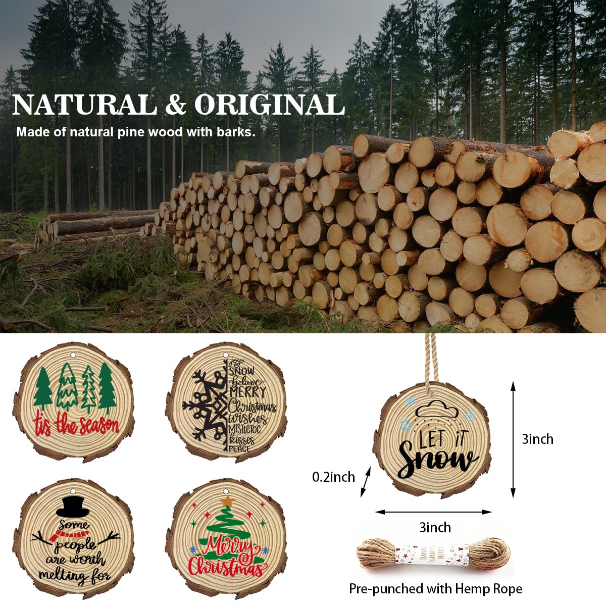 Condition photo showing New/Like New for 5pcs Wood Slices Christmas Tree Decor Decorations Ornaments Christmas Wood Circles for Crafts with Hemp Rope Xmas Tree Hanging Tags Label Home Outdoor Indoor Decor 3×3 Inch