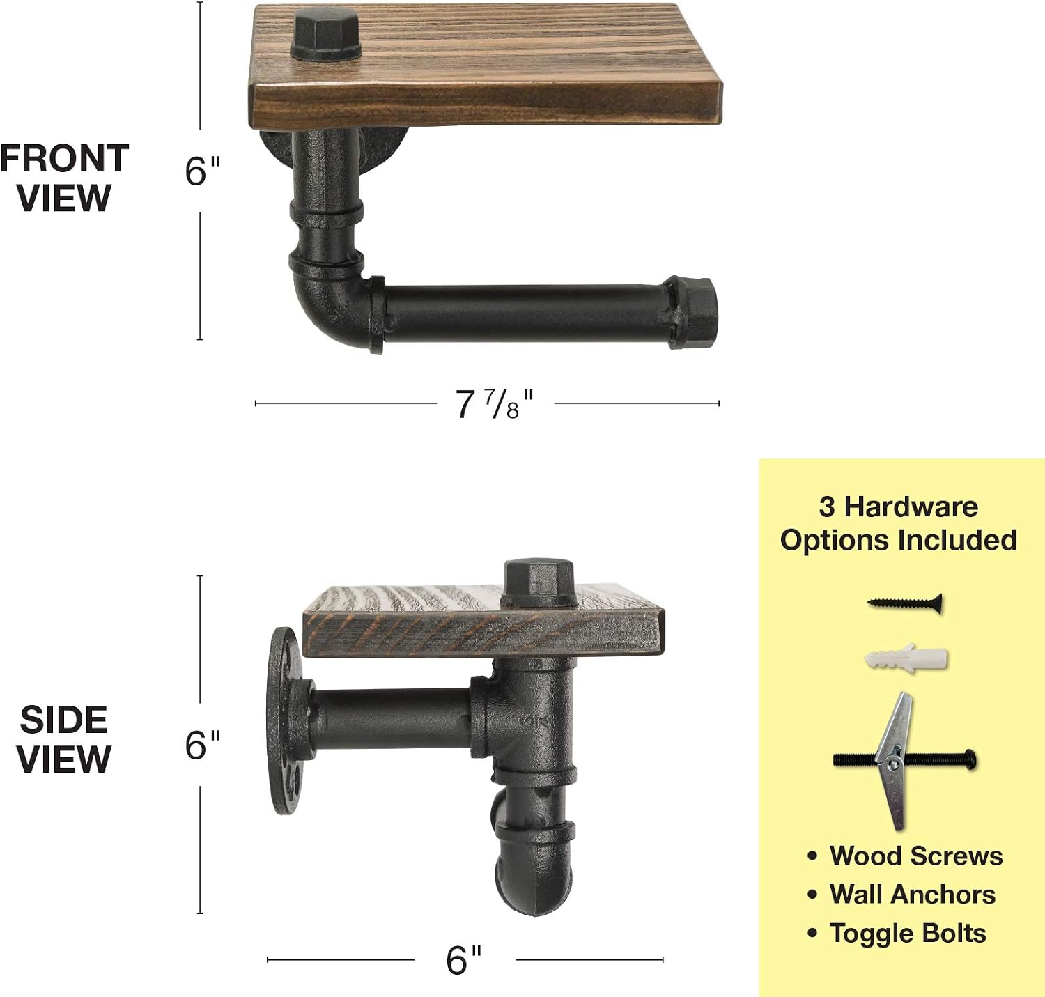 EXCELLO GLOBAL PRODUCTS Industrial Toilet Paper Holder with Rustic Wooden Shelf and Cast Iron Pipe