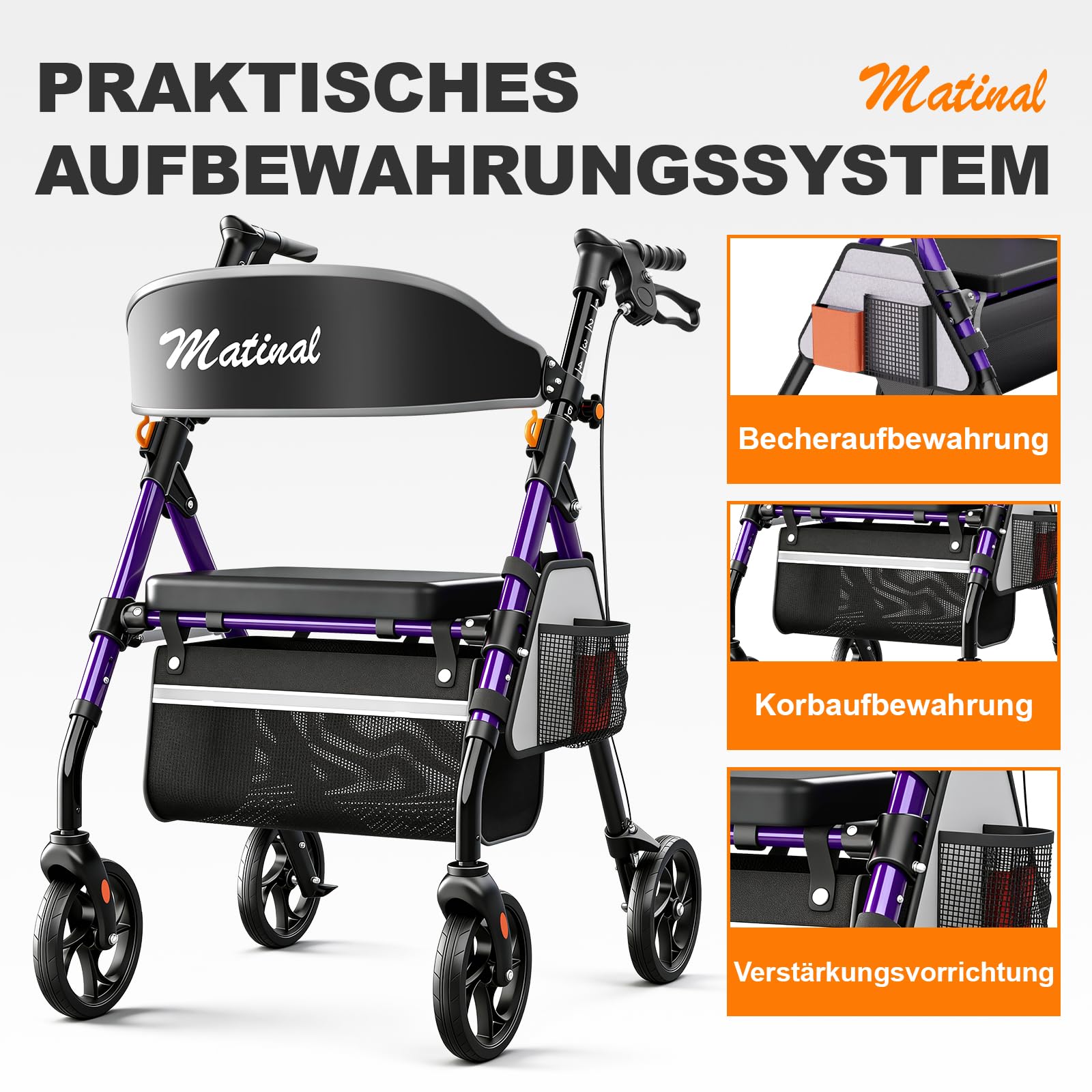 Andadores ligeros y plegables con asiento para personas mayores, capacidad de carga de 158 kg, ruedas de 20 cm, asiento grande de 45 cm, 6 posiciones de altura, marco de aluminio ultraligero